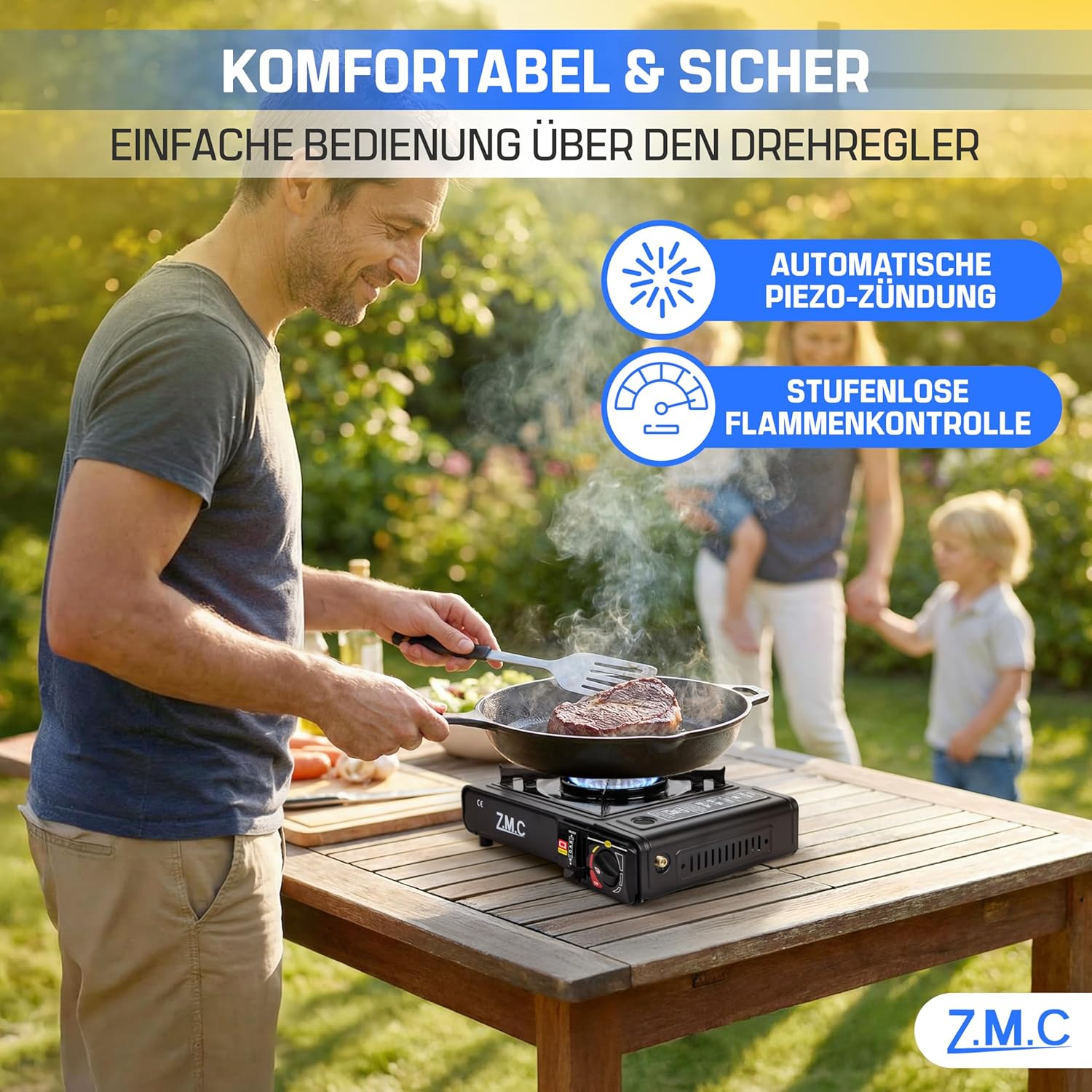 ZMC Gaskocher 1-flammig 2,2 kW Campingkocher mit Piezo-Zündung, Transportkoffer & LPG-Adapter optional mit Gaskartuschen 227 g & Grillplatte für Camping, Outdoor & Notfall – Bild 7