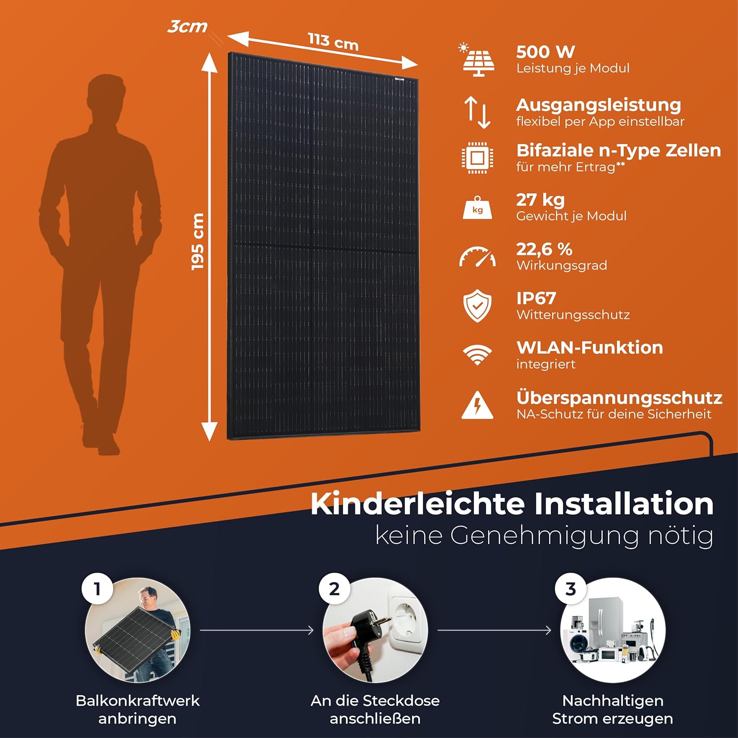 Solarway 500 W Solarpanel, vollschwarzes bifaziales Glas/Glas-PV-Panel mit positiver Leistungstoleranz von 0–5 Watt, N-Typ, geeignet für Balkonkraftwerke – Bild 6