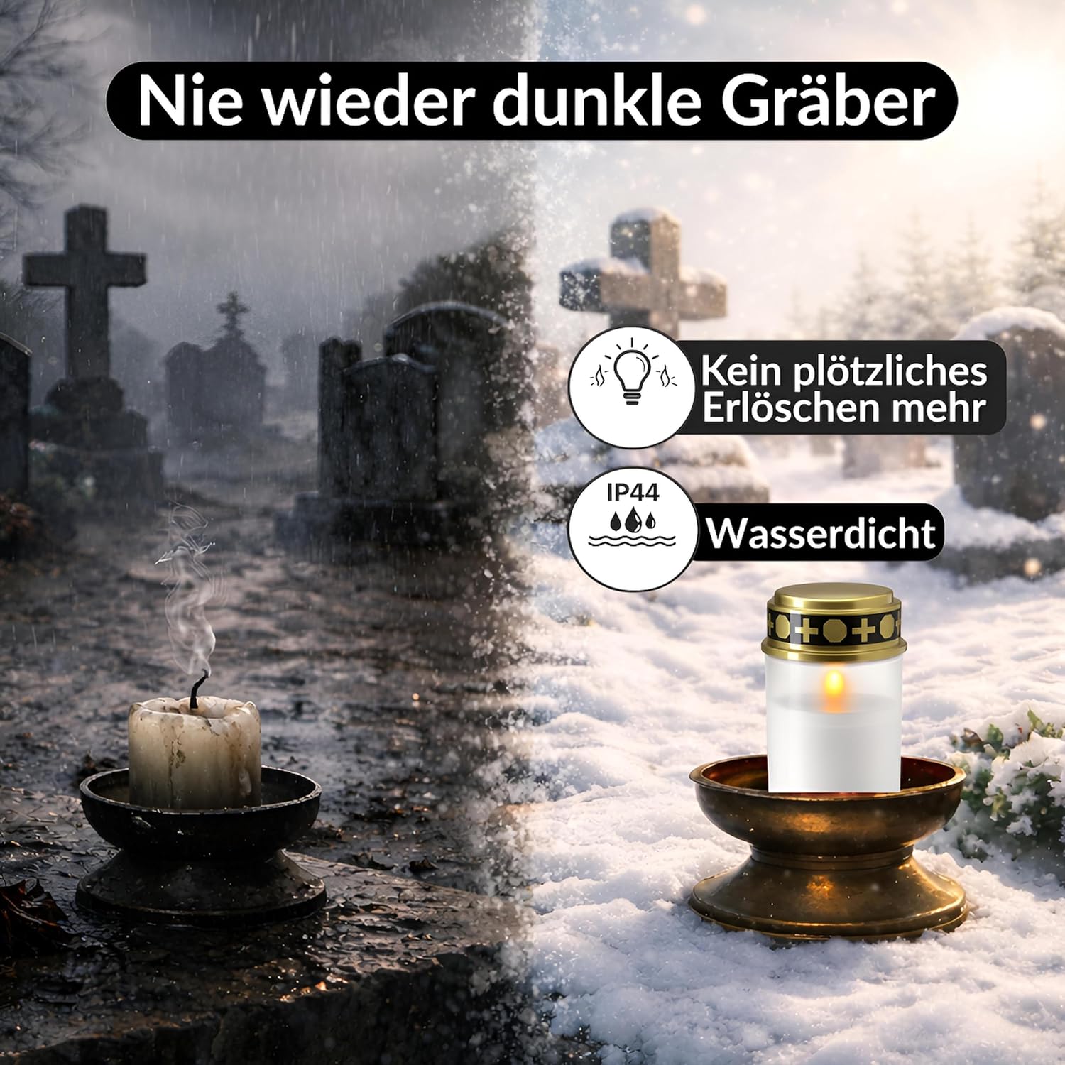 Grablichter LED mit Batterie I Grabkerzen wetterfest für den Außenbereich mit Flackereffekt I Friedhofskerzen bis zu 6 Monate Leuchtdauer I Stilvolle Gedenkkerze inklusive 3 Aufklebern zur Gestaltung I Drytogo – Bild 2
