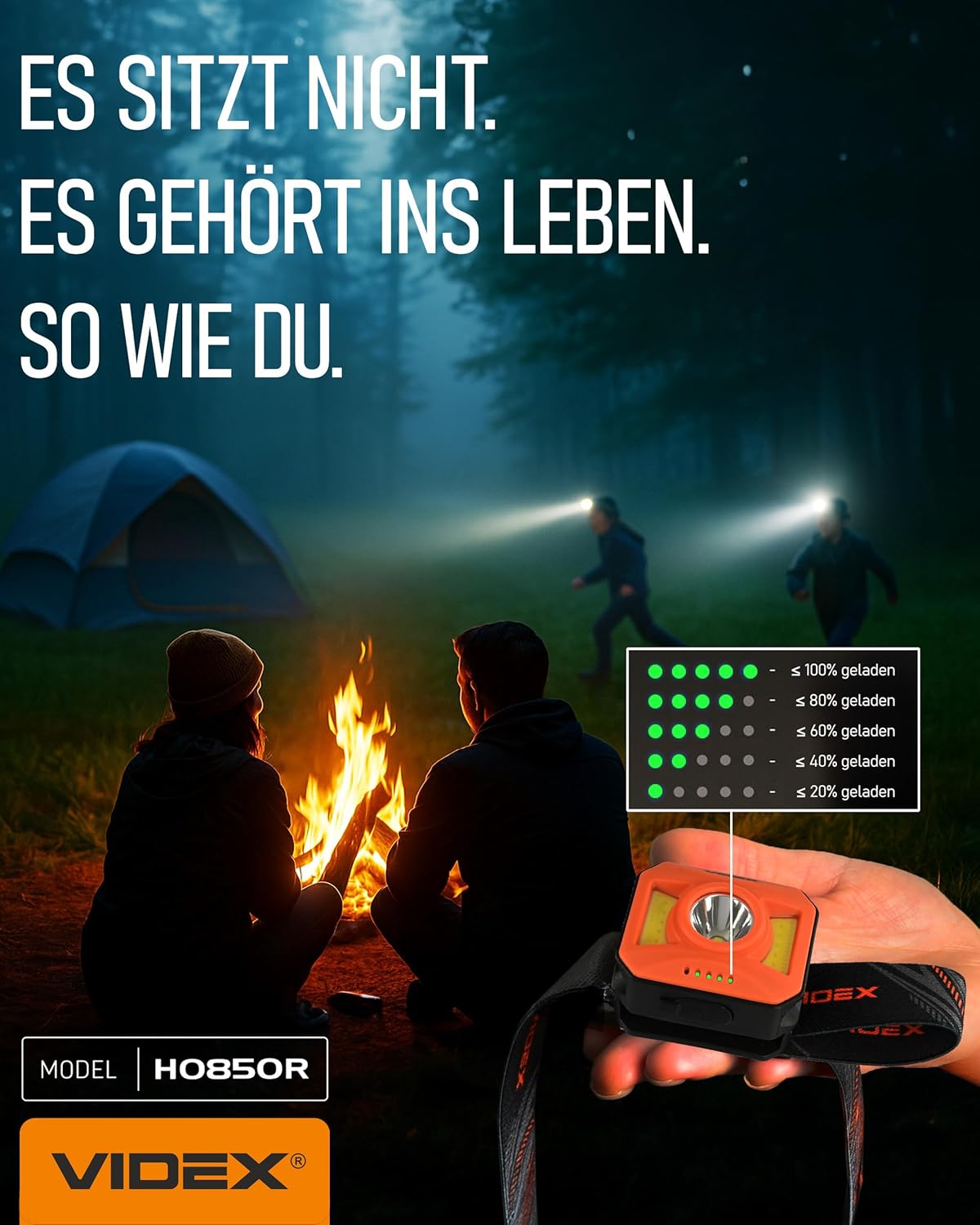 Videx Stirnlampe LED wiederaufladbar I Camping- & Wanderzubehör I Lauflicht mit USB C wiederaufladbar I Lauflampe mit Akku und rotem Licht zum Joggen I H085 400Lm 5000K – Bild 6