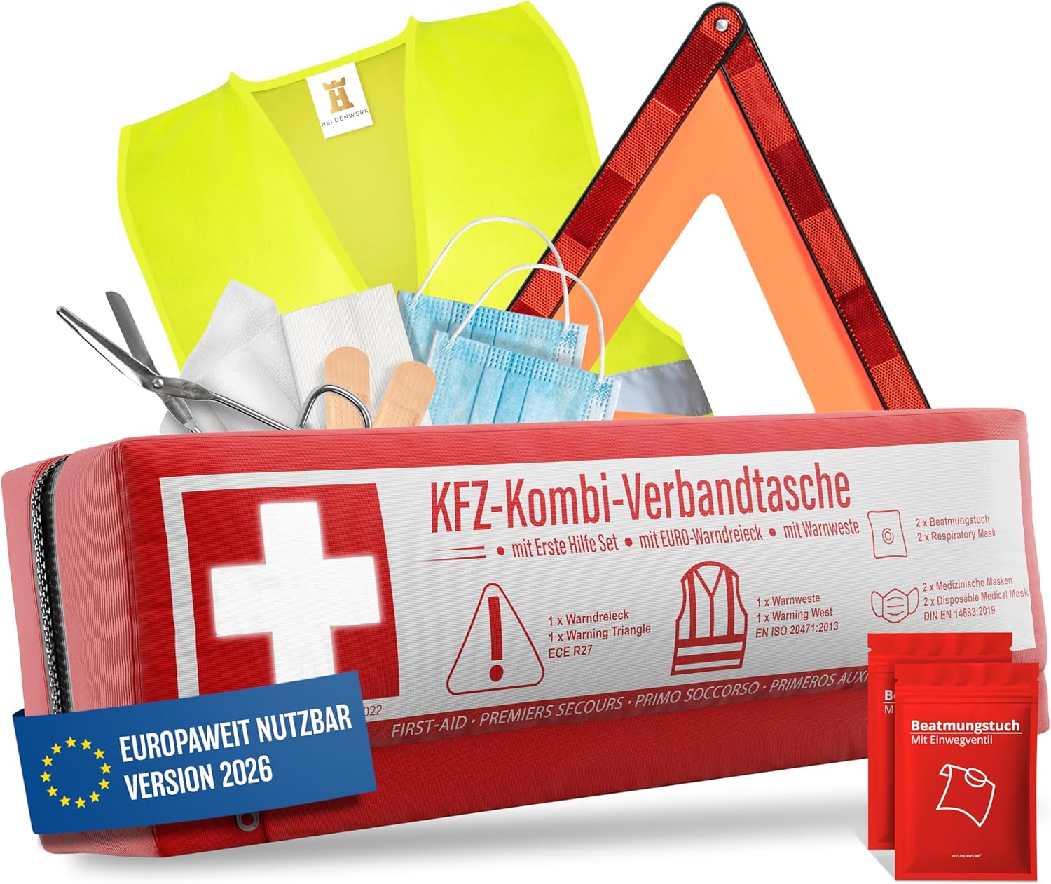 PKW Kombitasche (3 in 1) nach aktueller Norm 2026 - inkl. Warndreieck, Warnweste - Verbandskasten Warndreieck Set Verbandskasten KFZ DIN 13164:2022 (StVO konform)