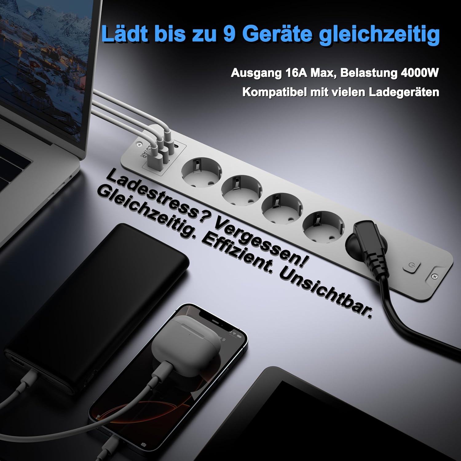 Ausziehbare Steckdosenleiste 5-fach mit 4 USB (2 USB-C, 2 USB-A), 16 A, 2 m Kabel, Energiesparschalter – unsichtbare Steckdose für einen sauberen Schreibtisch – Bild 3
