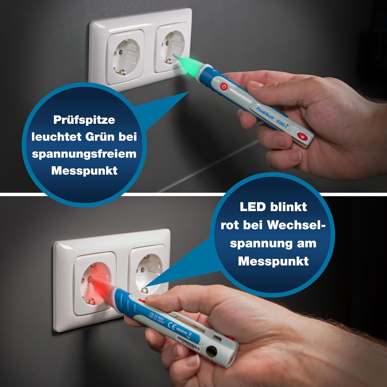 Peak Tech P 1030 – Kontaktloser Wechselspannungsprüfer mit LED-Lampe, 50 – 1000 V AC Arbeitsbereich, berührungsloser Spannungsprüfer, Prüfgerät, Stift-Handmultimeter, akustisches Signal – 157 x 26 mm – Bild 3
