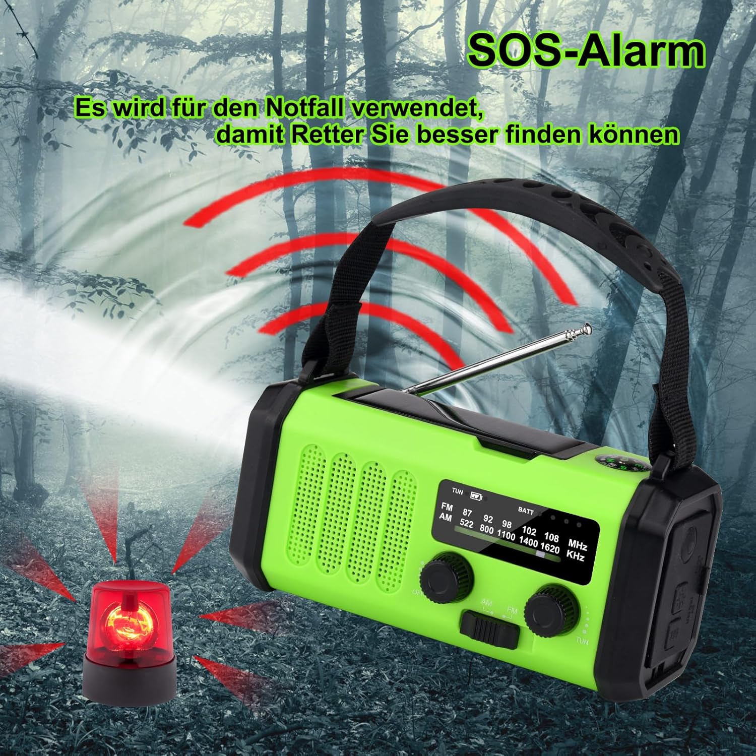 Solarradio, tragbares Kurbelradio, AM/FM-Notfallradio mit 10000/20000 mAh wiederaufladbarer Powerbank, 3 Modi LED-Taschenlampe, SOS-Alarm, USB-C-Handy-Aufladung für Camping im Freien (grün, 20000 mAh) – Bild 6