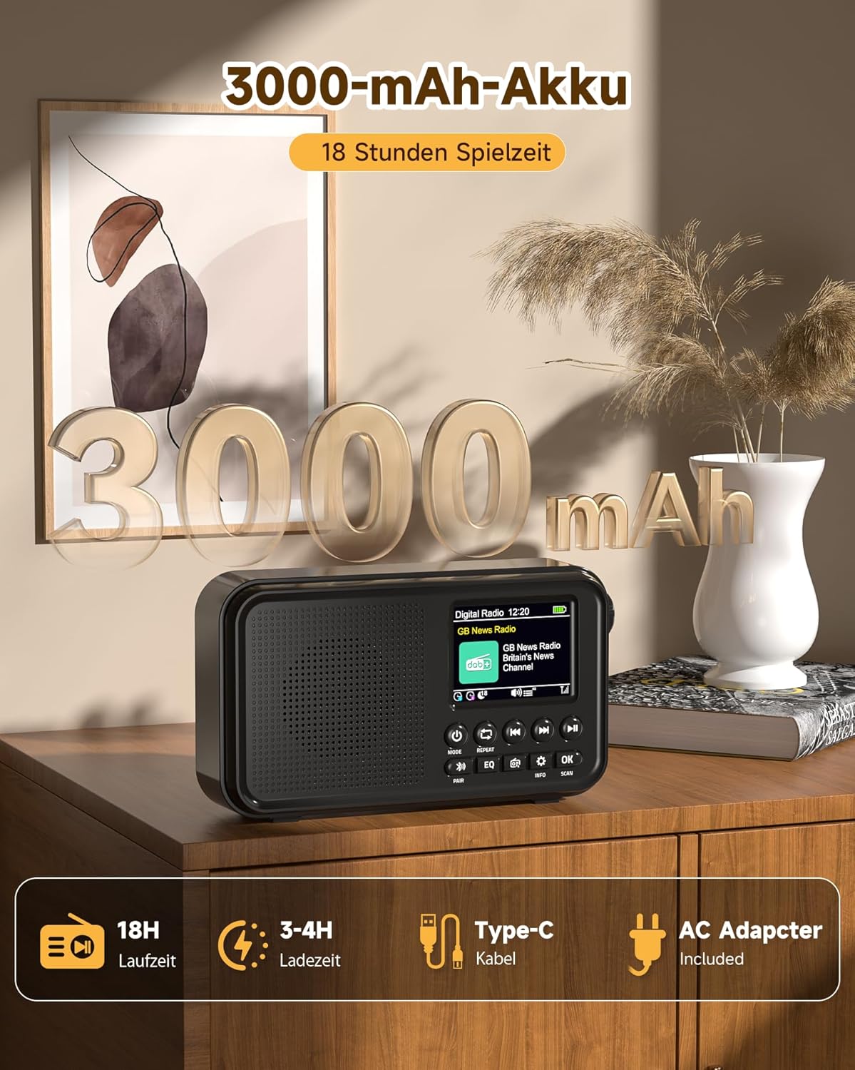 Roxicosly Tragbares DAB/DAB+-Radio, 80 Voreinstellungen, FM-Digitalradio mit 3000-mAh-Akku, Küchenradio mit Bluetooth 5.0, EQ-Modi, Sleep-Timer, Schlummerfunktion, TF/3,5-mm-AUX-Anschluss, Doppelalarm – Bild 4