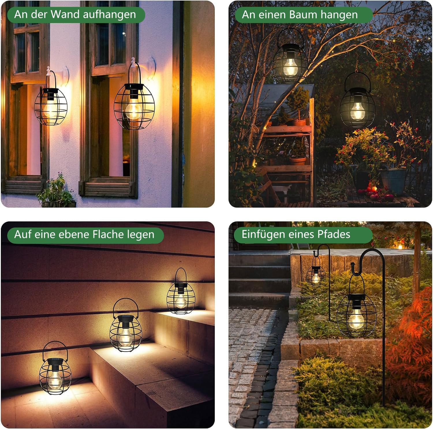 Solarlaterne für den Außenbereich, 2 Stück, Solarlaternen für den Außenbereich, LED-Solarleuchten zum Aufhängen im Freien, warmweiß, helle Laterne, Solar im Freien, wetterfest, Lampe im Freien für Terrasse, Rasen, Balkon, Hof – Bild 5