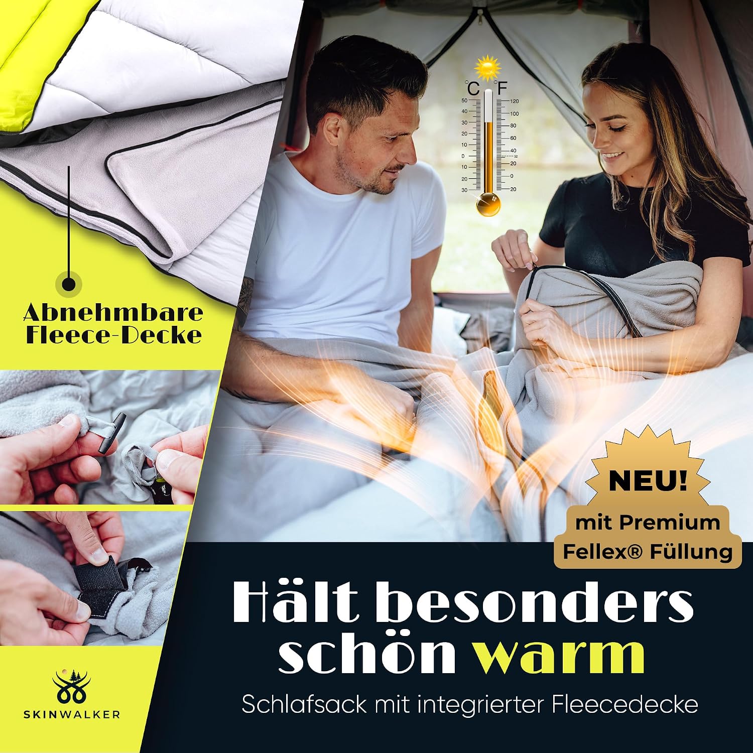 SKINWALKER Schlafsack Winter Outdoor bis -15°C mit abnehmbarer Fleecedecke Winterschlafsack für Erwachsene 3-4 Jahreszeiten Schlafsack & Deckenschlafsack Sommer & Winter – Bild 2