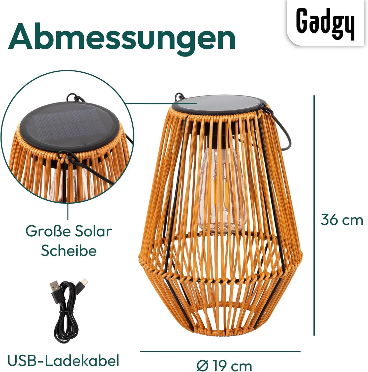 Gadgy Solarlampe für den Garten im Freien – Wetterfeste Solarlaterne in Rattanoptik mit warmweißem LED-Licht – dekorative Solarleuchte für Garten, Balkon & Terrasse – Bild 3