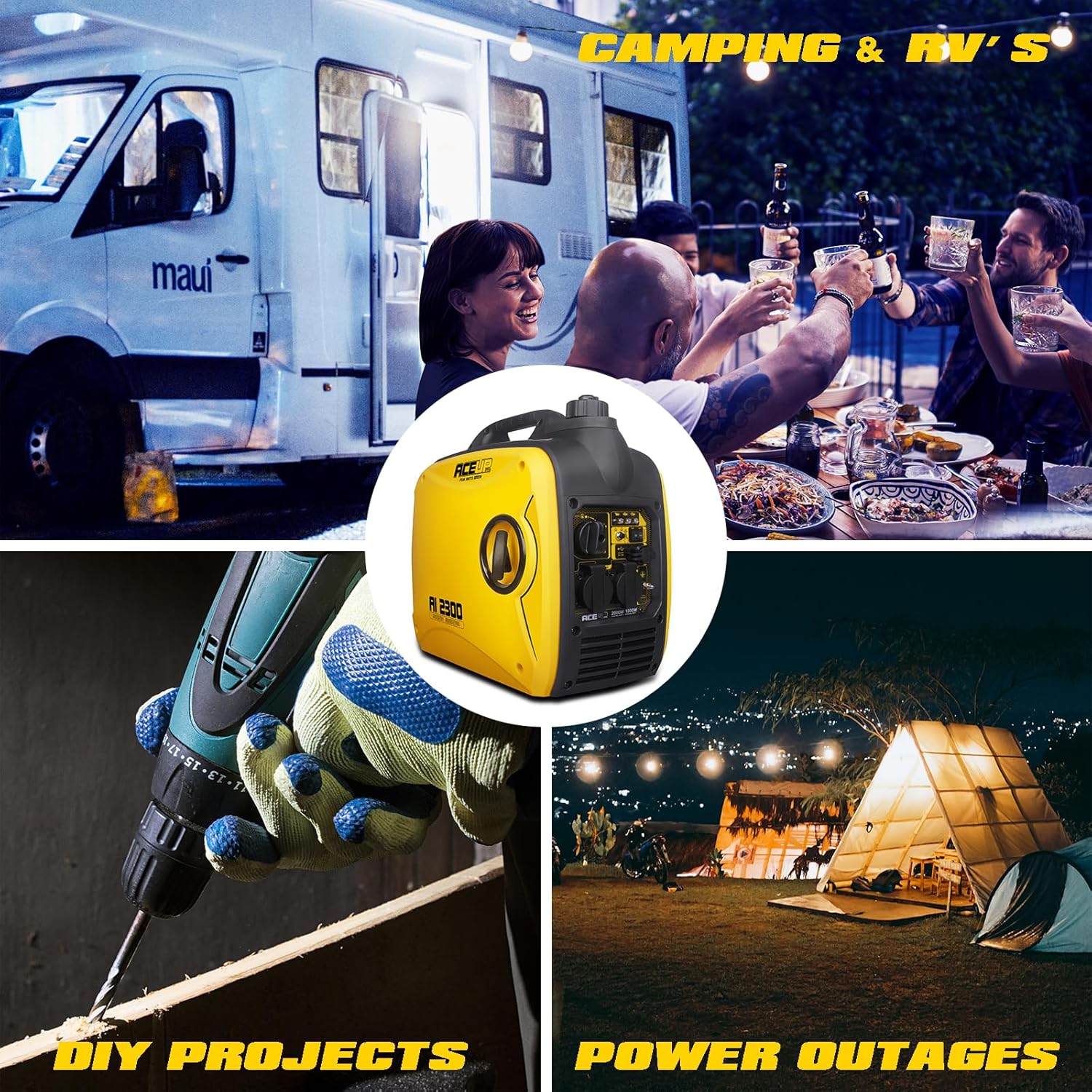 Aceup Energy 2000W Inverter Stromerzeuger, Leiser Benzin Stromerzeuger mit USB und 230V Steckdosen, Tragbarer Notstromgenerator für Zuhause, Camping, Festival, Boote, 4-Takt, 19,9 kg – Bild 7