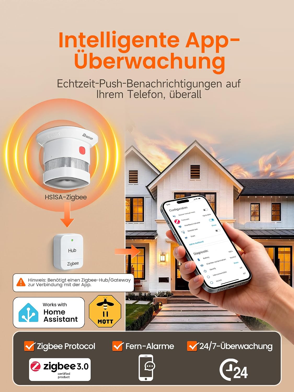 Heiman Smarter Rauchmelder HS1SA-E Plus, Rauchmelder erfordert Zigbee 3.0 Hub, DBI RoHS-zertifiziert, Feuermelder mit Magnethalterung, unterstützt ZHA & Z2M für Home Assistant – Bild 2
