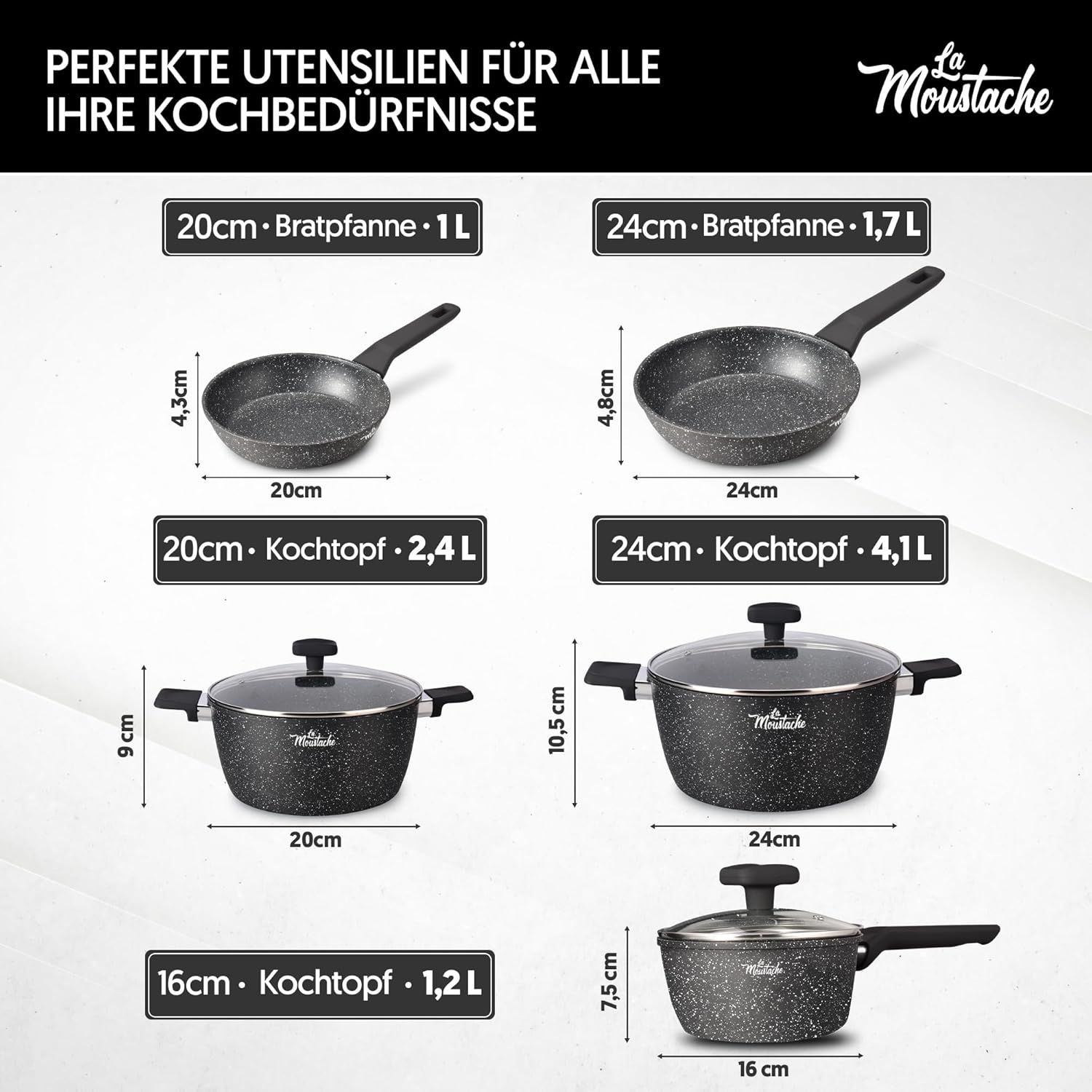 La Mustache – 8-teiliges Aluminium-Kochgeschirr-Set mit E-Book, Antihaftbeschichtung, 3 Töpfen, 3 Glasdeckeln und 2 Bratpfannen für alle Herdarten einschließlich Induktion, PFOA/PFOS-frei (Onix) – Bild 7