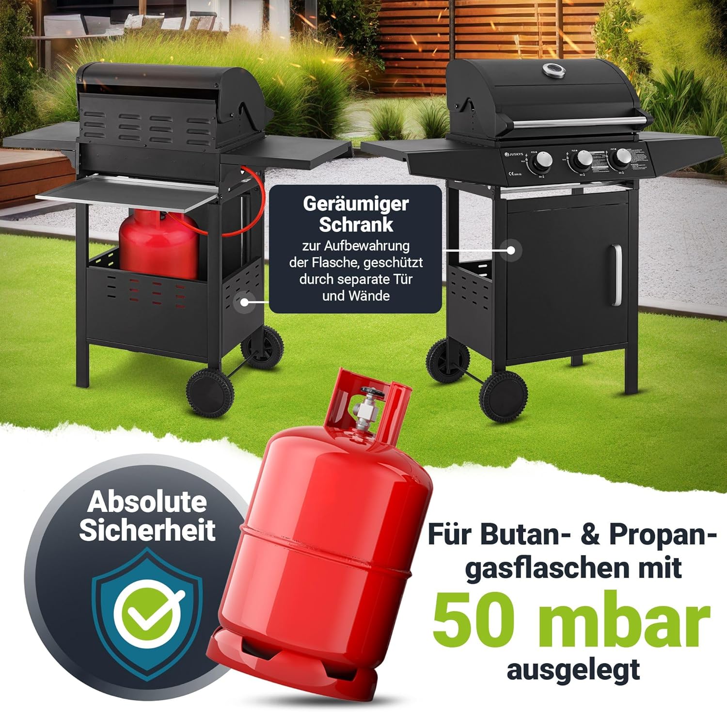 Broilcue Louisiana BBQ Gasgrill 3 Brenner 8,1 kW Gasgrillwagen inkl. Grill Grillrost, Deckel mit Grillthermometer, Warmhalterost und Seitenablagen – Bild 5