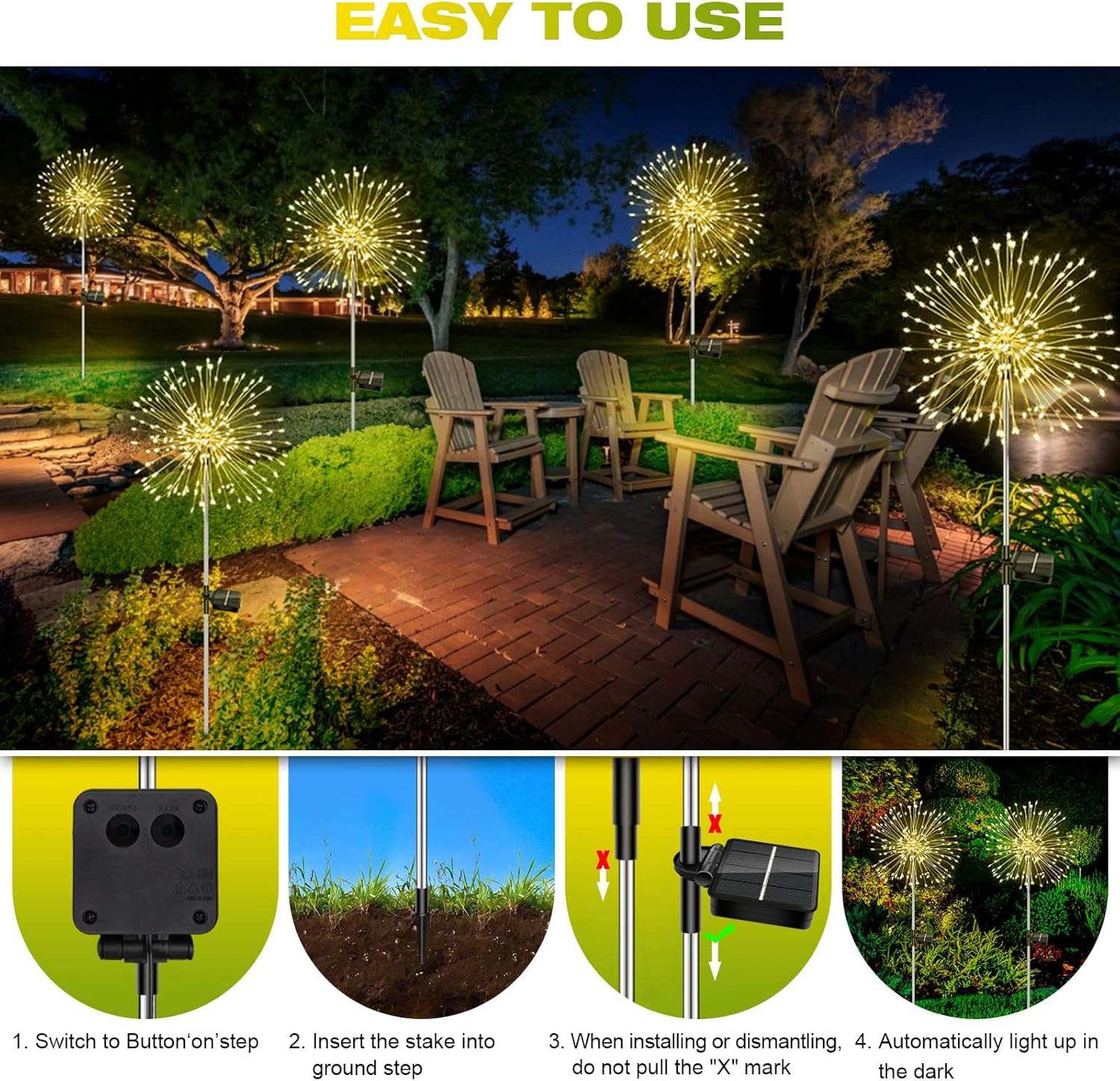 Liyade 2 Stück Solarstecker Gartenleuchten, 120 LED Solar Gartenleuchten für den Außenbereich, 8 Modi, Solarleuchten, Feuerwerk, Löwenzahn, Solarleuchten für Außen, Garten, Wege, Rasen, Balkon, Dekoration (Warmweiß) – Bild 4
