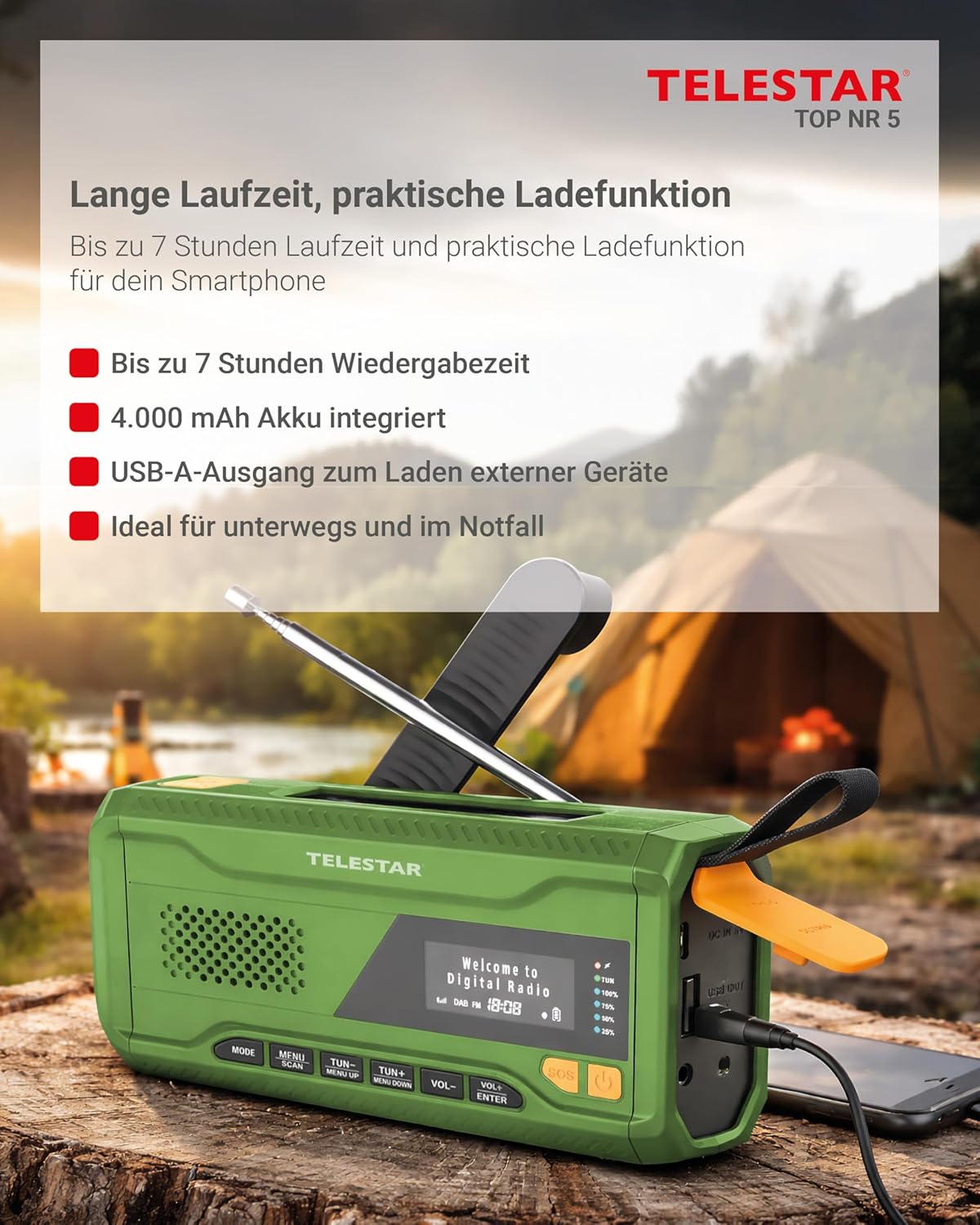 TELESTAR TOP NR 5 - Notfallradio mit 4000-mAh-Akku - Grün | Kompaktes Kurbelradio, Solarpanel, Powerbank-Funktion, Taschenlampe, SOS-Funktion – Bild 4