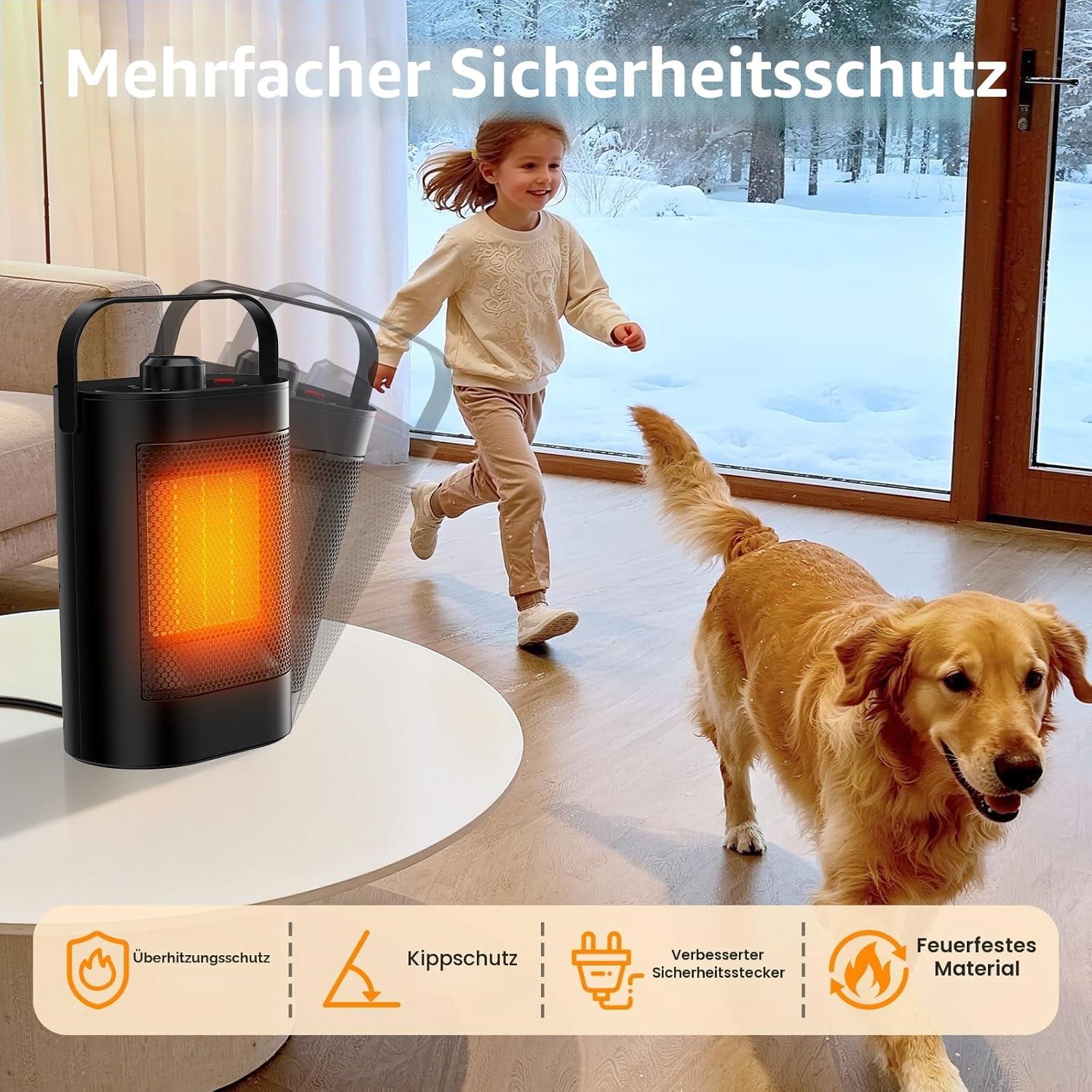 Heizlüfter, energiesparend, 1500 W, PTC-Keramik-Heizung, elektrisch, 3-Stufen-Modus, Überhitzung & Kippschutz, tragbare elektrische Heizung für Räume, Schlafzimmer, Büros (energiesparend) – Bild 3