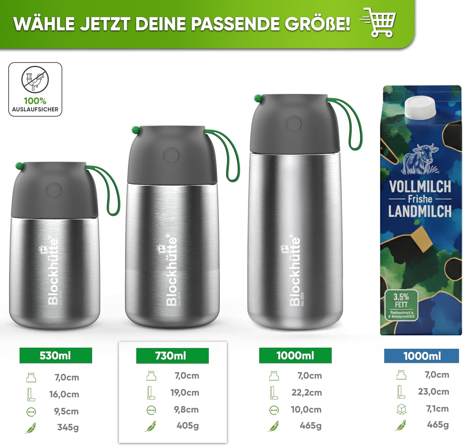 Blockhütte Isolierter Thermobehälter aus Edelstahl, 530 ml - 730 ml, mit Bürste & Göffel, Thermo-Lunchbox für Erwachsene & Kinder, Thermobecher, Babybrei & Müsli – Bild 2
