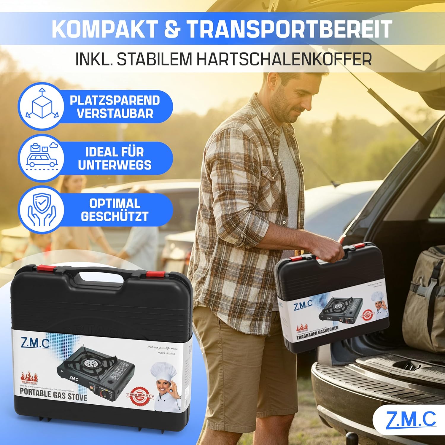 ZMC Gaskocher 1-flammig 2,2 kW Campingkocher mit Piezo-Zündung, Transportkoffer & LPG-Adapter optional mit Gaskartuschen 227 g & Grillplatte für Camping, Outdoor & Notfall – Bild 9