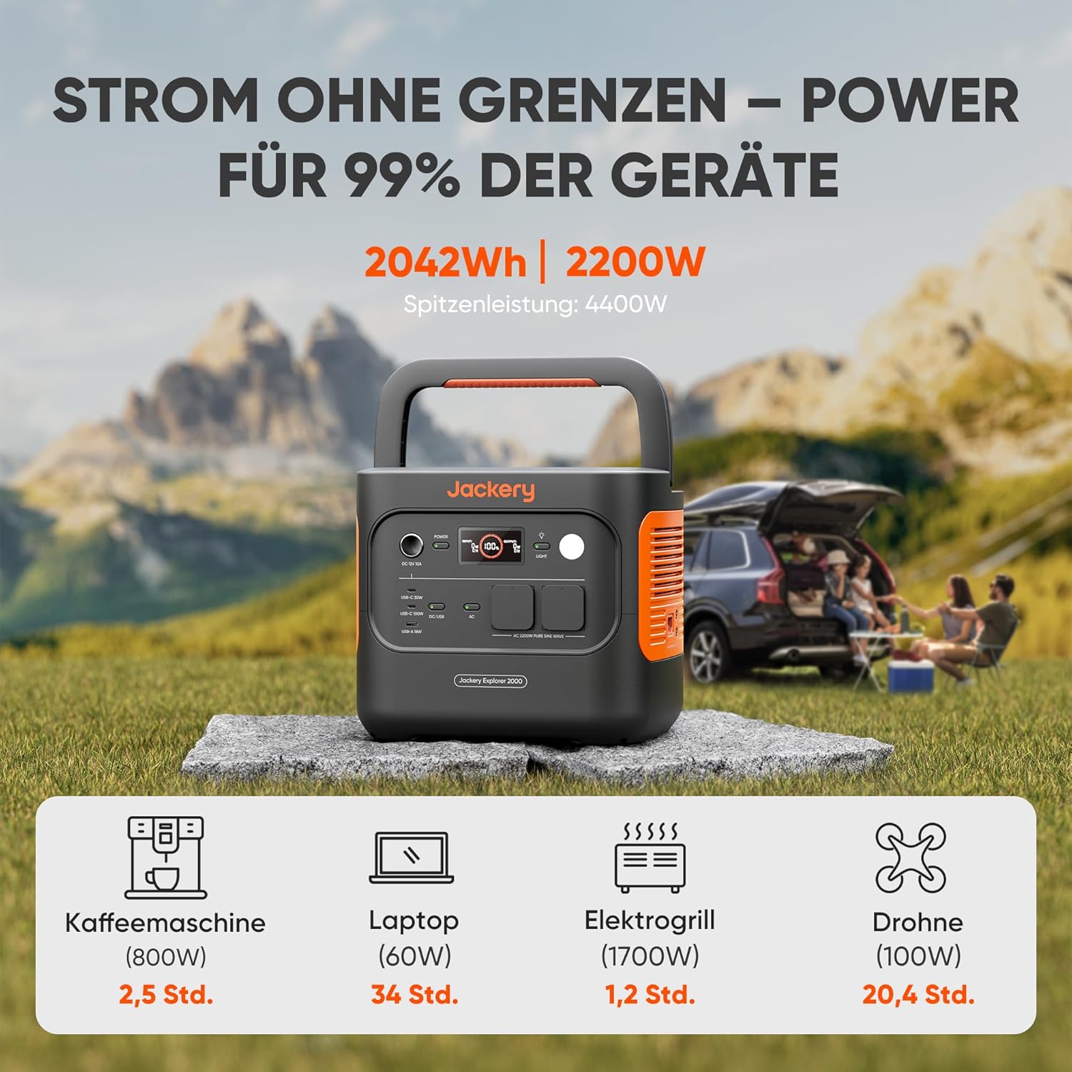 Jackery 2000 v2 Tragbares Kraftwerk mit 2 x 100 W Solarpaneelen, 2042 Wh Solargenerator mit 2200 W Leistung, LiFePO4-Akku, Schnellladung für Camping, Wohnmobil, netzunabhängig – Bild 2