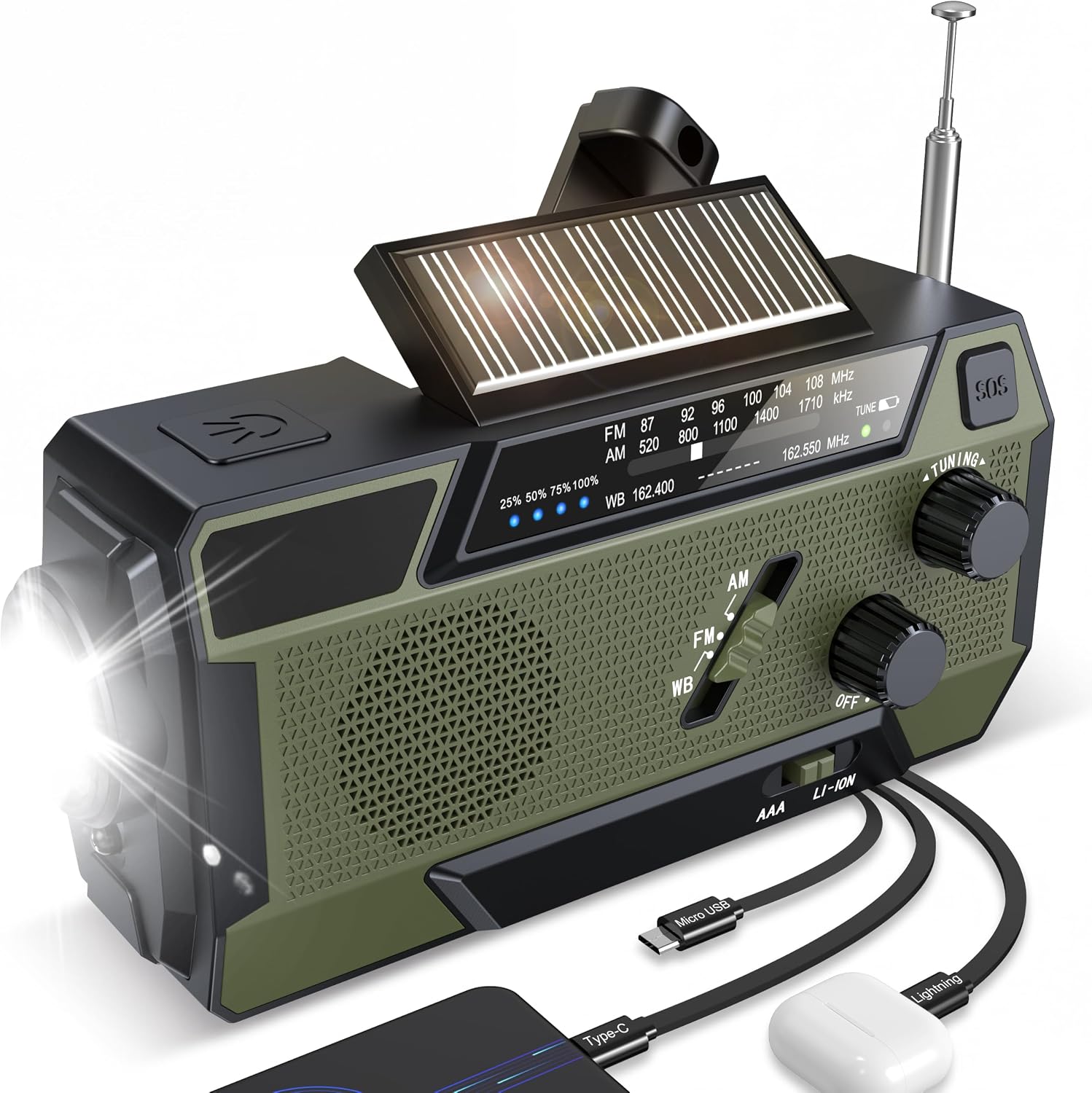 Kurbelradio, Notfallradio, 4000 mAh (14800 mWh) Akku, Powerbank mit 3 integrierten Kabeln, Radio mit Kurbel und Solar, AM/FM SOS-Alarm, Taschenlampe, Notfall-Kurbelradio für Camping, Outdoor, Stromausfall