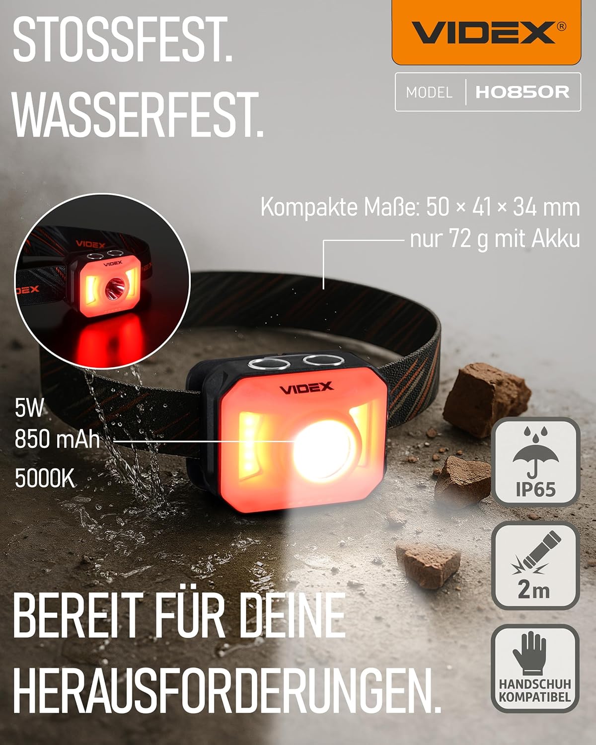 Videx Stirnlampe LED wiederaufladbar I Camping- & Wanderzubehör I Lauflicht mit USB C wiederaufladbar I Lauflampe mit Akku und rotem Licht zum Joggen I H085 400Lm 5000K – Bild 4