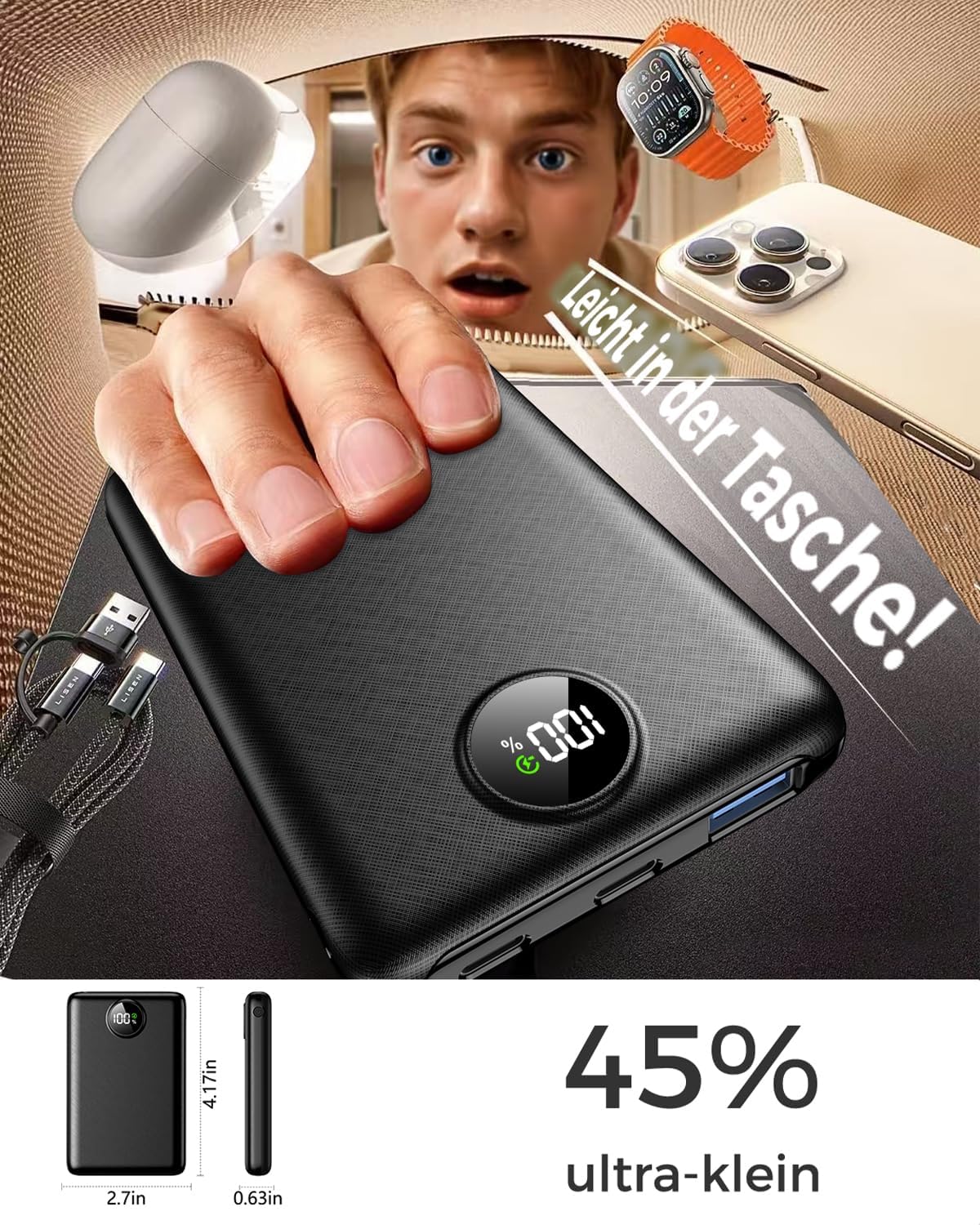 Power Bank, 22,5 W Mini PowerBank 20000 mAh (USB-C Eingang & Ausgang), PD 3.0 QC 3.0 externe Handy-Akkus mit LED-Anzeige, kompatibel mit iPhone 16 15 14 13 – Bild 3