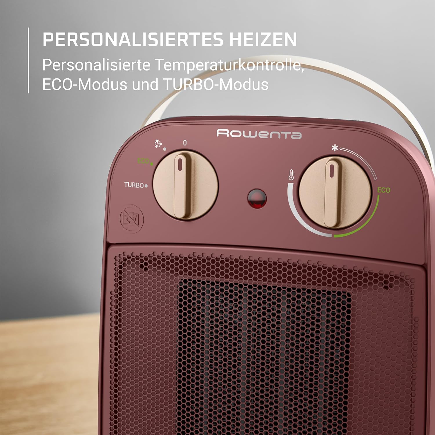 Rowenta Heizlüfter mit Tragegriff, mobil für 25 m², leise 42 dB, Keramik heizt sofort, Eco-Modus spart 50 % Strom, Turbo-Schnellaufwärmung, tragbar für Badezimmer, Büro, Schlafzimmer, Camping, kompakte Heizung, rot – Bild 5