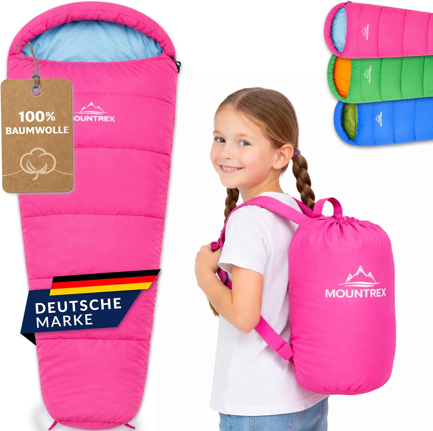 MOUNTREX® Kinderschlafsack – tragbar wie ein Rucksack – Schlafsack für Kinder (175 x 70 x 45 cm) – Outdoor, Reisen, Camping, – Mumienschlafsack leicht und kompakt – Innenfutter aus 100 % Baumwolle – Bild 8