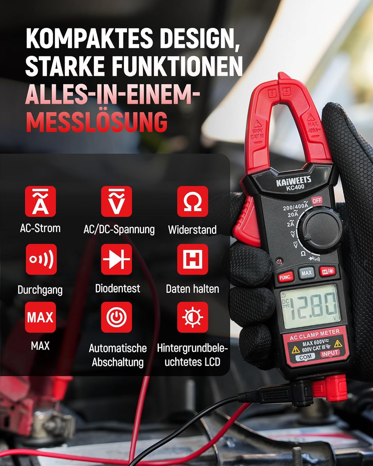KAIWEETS Digitale Stromzange, tragbares Strommessgerät 400 A AC, 600 V AC/DC, 2000 Zählungen, Auto-Range-Spannungsprüfer, Messgerät für Strom, Spannung, Widerstand, Durchgang und Diode, KC400 – Bild 2