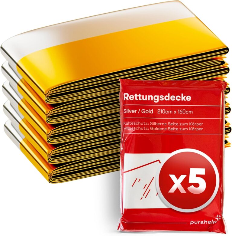 PURAHELP Rettungsdecke Gold & Silber (5er Pack) – 210 x 160 cm – Notfalldecken für Erste Hilfe, Outdoor & Auto – Wetterfeste Überlebensdecken für Wandern, Camping & Notfälle – Kompakte Thermodecken