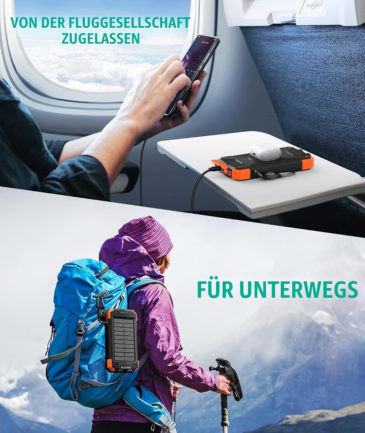 BLAVOR Solar Powerbank Solarladegerät 10000 mAh, PD 20 W Schnellladung Tragbare USB C Powerbank mit Solarpanel, kabelloses Schnellladen, Camping-Akku, Solarladegeräte für Mobiltelefon mit Taschenlampe – Bild 5