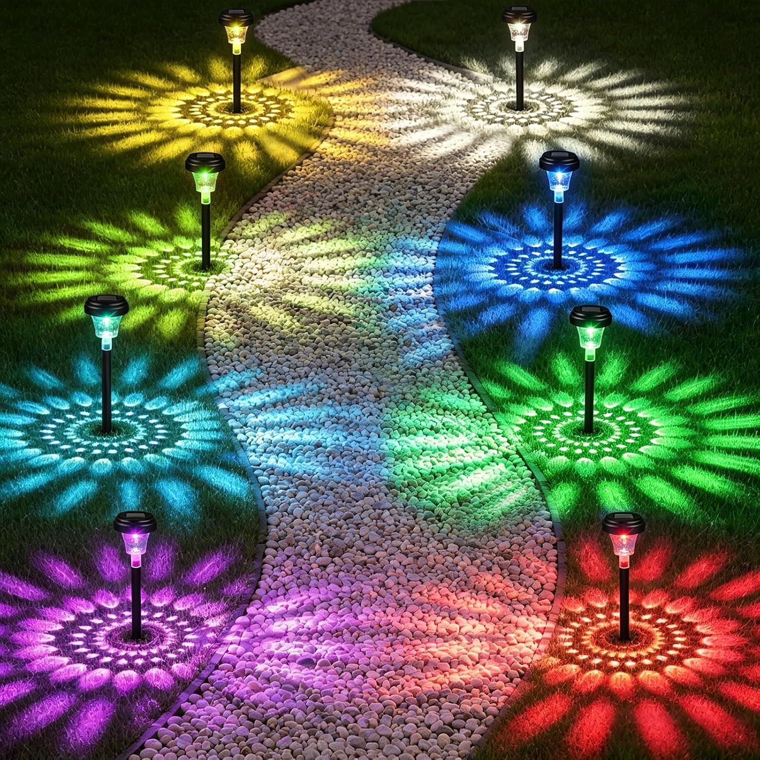 Akynite 8er-Pack Solarleuchten für den Garten im Freien, RGB-Farbwechsel und Warmweiß, IP65 wasserdichte Solarleuchten, automatisches Ein-/Ausschalten, LED-Gartenlampe, Solar-Wegeleuchten für die Gartendekoration im Freien, Hofwege