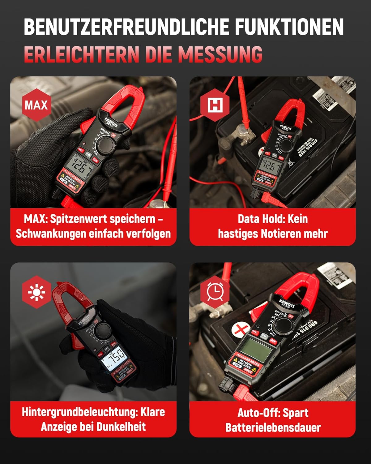KAIWEETS Digitale Stromzange, tragbares Strommessgerät 400 A AC, 600 V AC/DC, 2000 Zählungen, Auto-Range-Spannungsprüfer, Messgerät für Strom, Spannung, Widerstand, Durchgang und Diode, KC400 – Bild 6