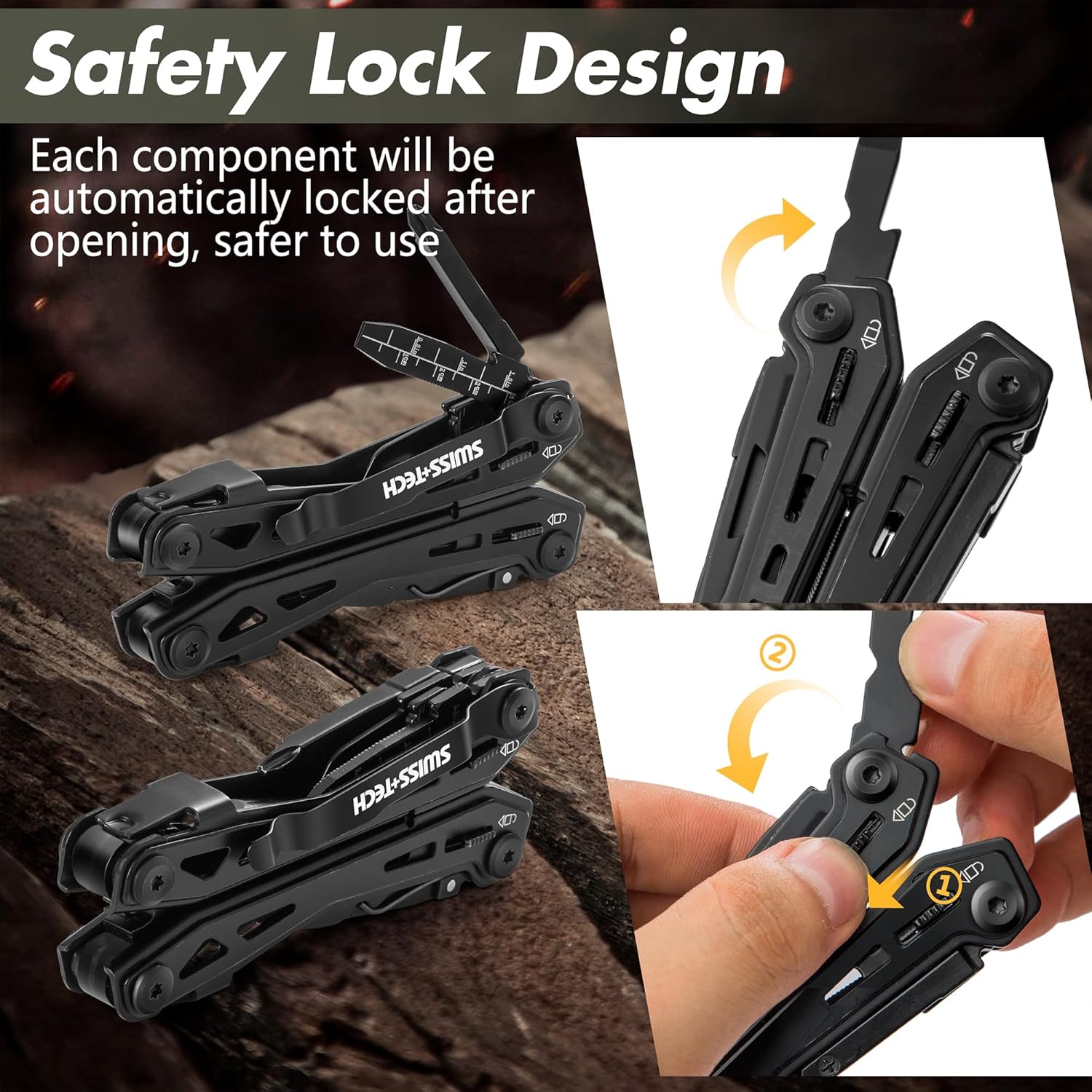 Swiss+Tech Multitool 16 in 1 Multifunktionszange aus Edelstahl, faltbar, Multifunktionswerkzeug, Multifunktionszange mit Messer, Flaschenöffner, Gürtelclip für Camping, Reparatur, mit Tragetasche – Bild 3