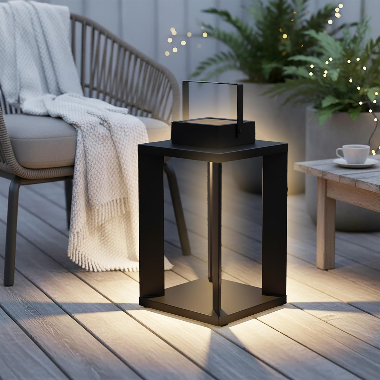 Solarlaterne aus Metall, schwarz, 25 LEDs, warmweiß – 45 x 22 cm – Gartenleuchte, solarbetrieben, hochwertig, massiv – Solarlampe, Gartendekoration, Beleuchtung, Lampe, Hängelampe für Garten, Terrasse, Balkon – Bild 7