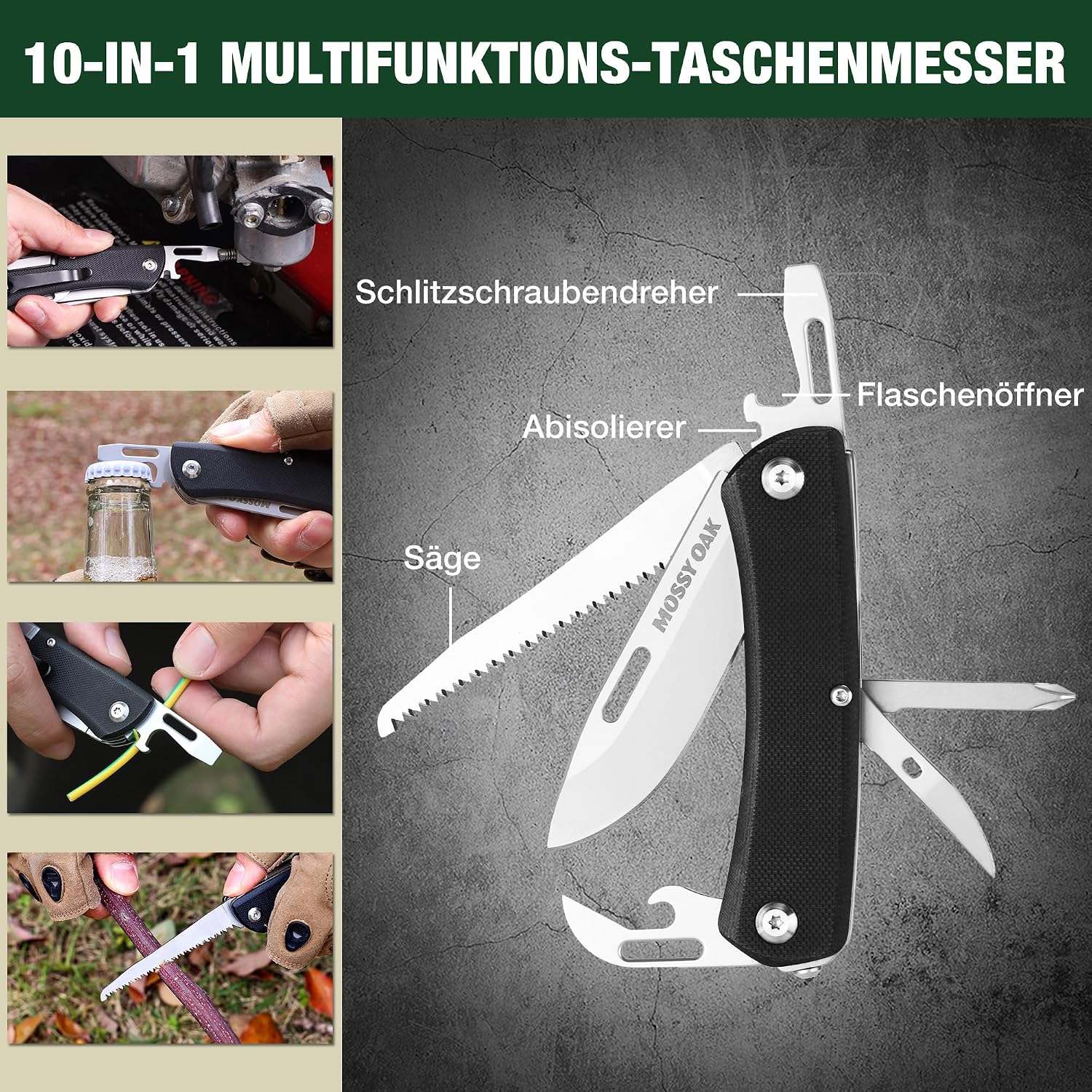 Mossy Oak Taschenmesser 10 in 1, Multitool-Klappmesser mit Edelstahlklinge, Campingmesser mit Flaschenöffner, Schraubendreher & Säge, Multifunktionswerkzeug für Camping & Wandern – Bild 4