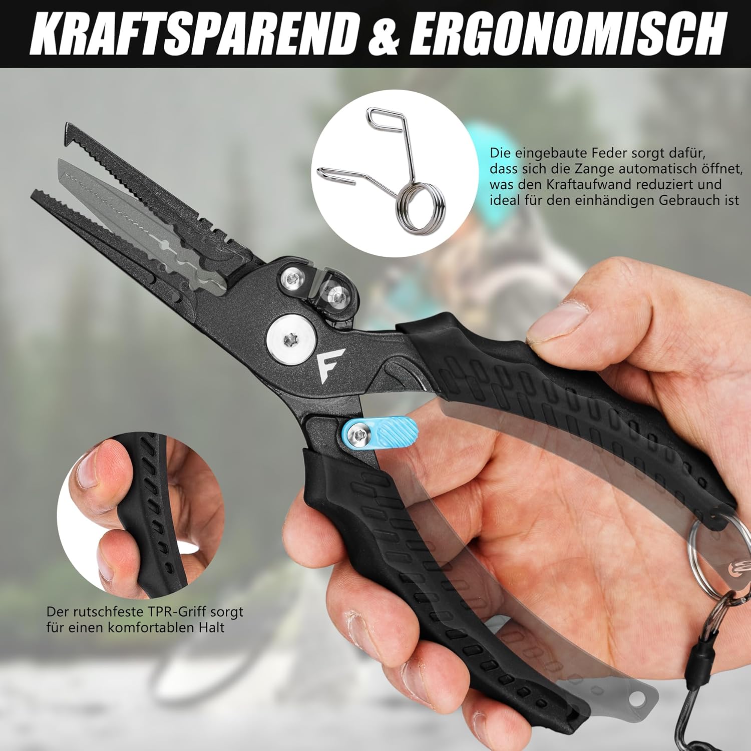FLISSA Multifunktionale Angelzange, Multi-Angelzange mit Hakenlöser, Sicherheitsverriegelung, TPR-Griff, Edelstahlbacken, scharfe Schneidklingen mit Trageband und Tragetasche zum Angeln – Bild 5