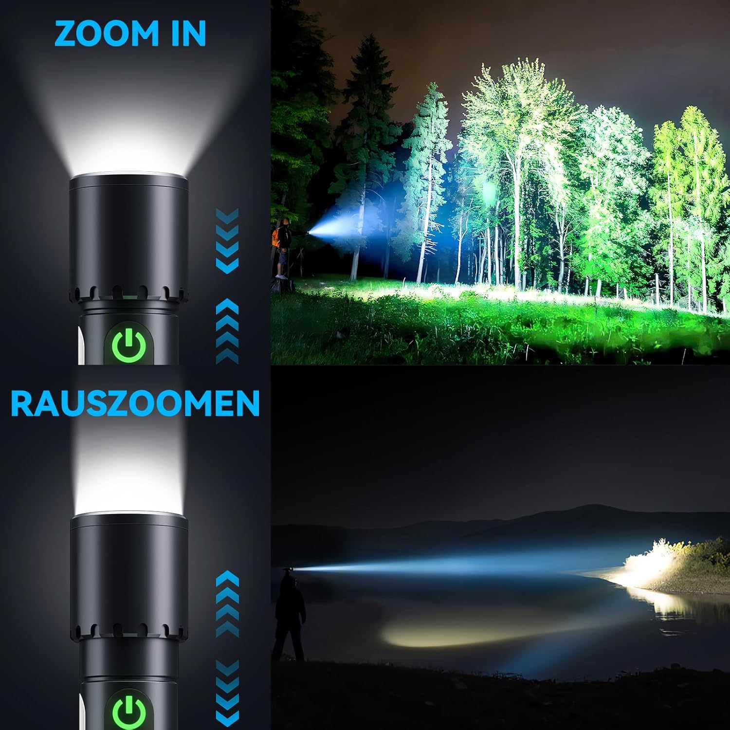 Taschenlampe LED wiederaufladbar, 500.000 Lumen, 9 Modi, LED-Taschenlampe, extrem hell, XHP90.2 zoombar & IPX7 wasserdicht, starke Taschenlampen für Camping, Wandern, Notfälle – Bild 5
