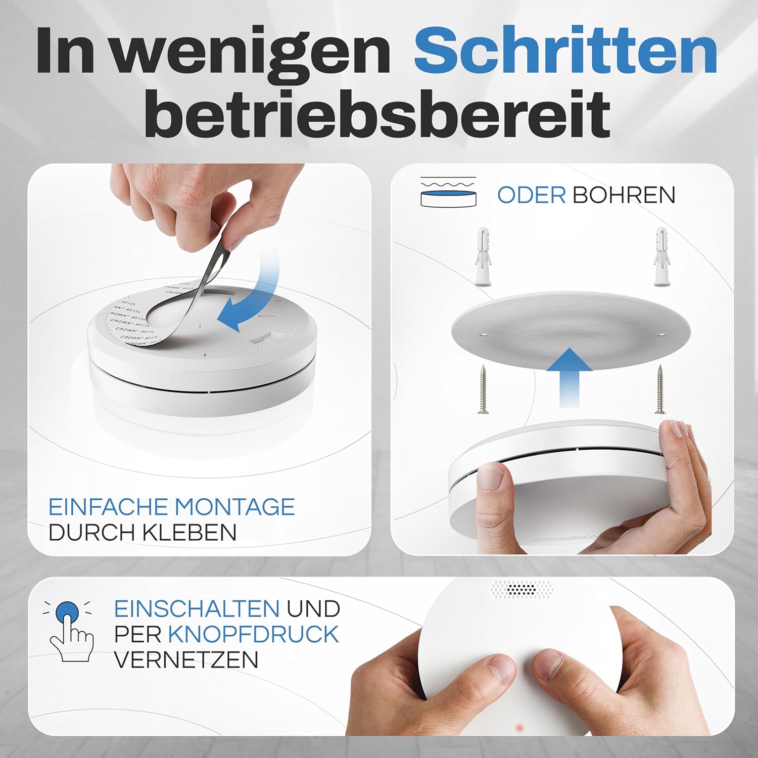 ALPENLUFT Rauchmelder, kabellos, vernetzt, 10-Jahres-Batterie, Rauchmelder & Wärmemelder 2-in-1, Brandmelder, Brandmelder, Funk-Rauchmelder, vernetzbar, ohne Bohren, ohne LED-Blinken, 3er-Set – Bild 5