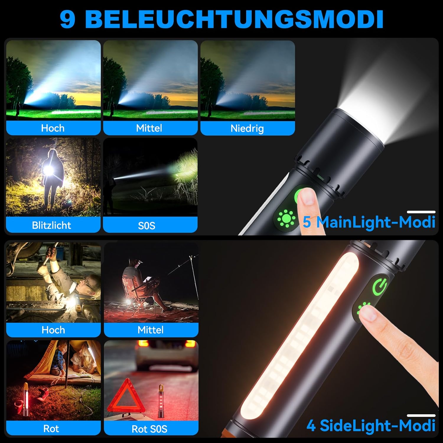 Taschenlampe LED wiederaufladbar, 500.000 Lumen, 9 Modi, LED-Taschenlampe, extrem hell, XHP90.2 zoombar & IPX7 wasserdicht, starke Taschenlampen für Camping, Wandern, Notfälle – Bild 2