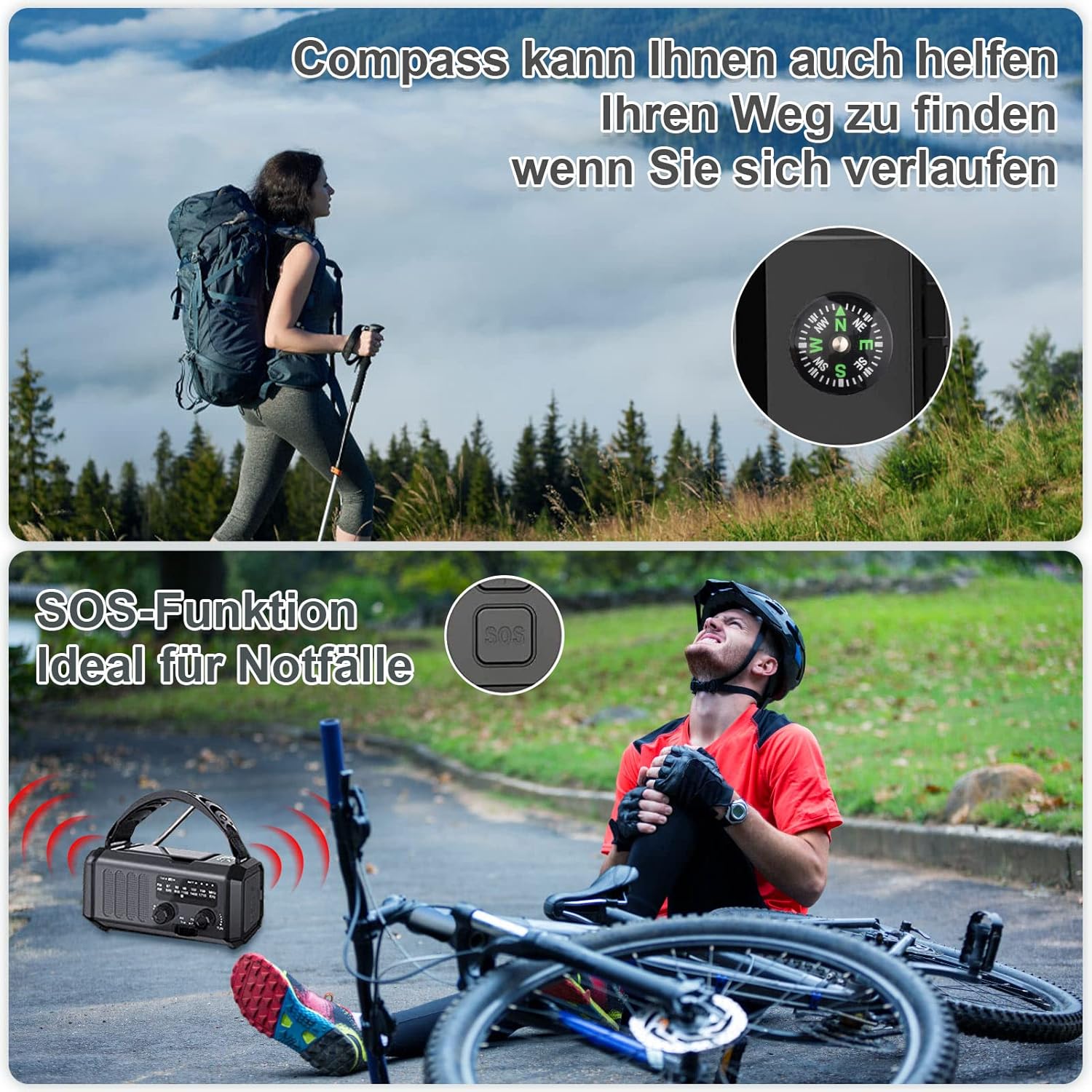 YIKANWEN Kurbelradio mit 20.000-mAh-Akku, wiederaufladbar, tragbarer Solarradio-Dynamo mit AM/FM/NOAA, Powerbank, LED-Campinglicht, SOS-Alarm, Kompass, Schwarz – Bild 7