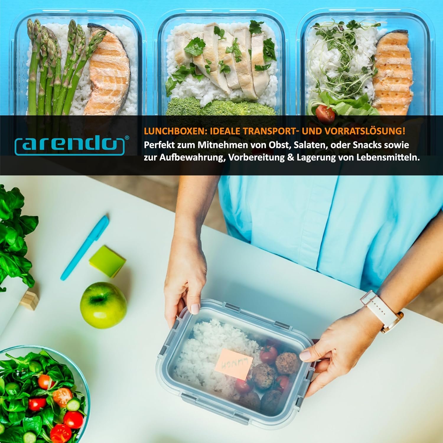 Arendo – Frischhaltedosen aus Glas für Lebensmittel mit luftdichtem Deckel – 5er-Set – 1000 ml – für Mikrowelle, Backofen, Gefrierschrank – spülmaschinenfest – Lunchboxen, Meal-Prep-Boxen-Set – Bild 7