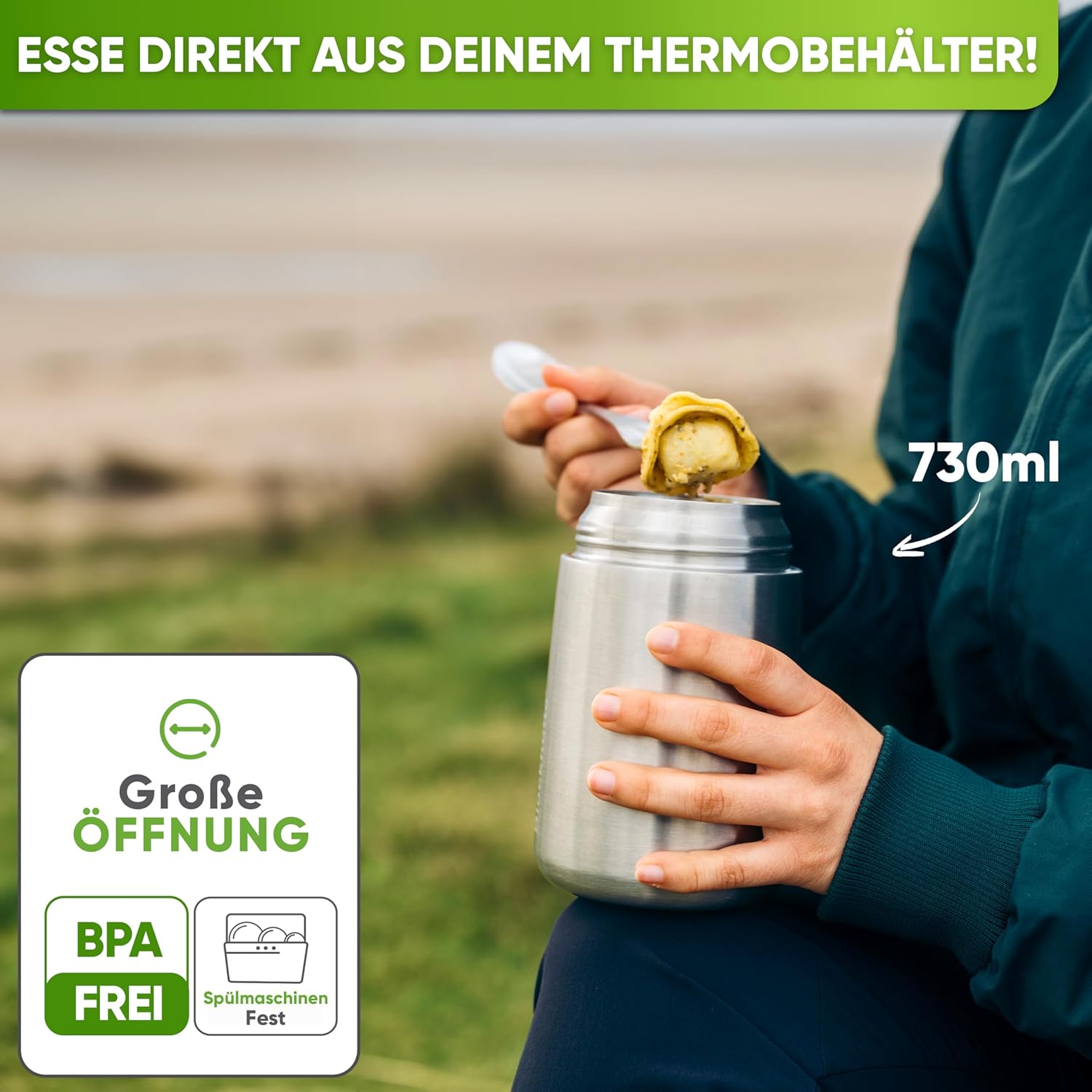Blockhütte Isolierter Thermobehälter aus Edelstahl, 530 ml - 730 ml, mit Bürste & Göffel, Thermo-Lunchbox für Erwachsene & Kinder, Thermobecher, Babybrei & Müsli – Bild 3
