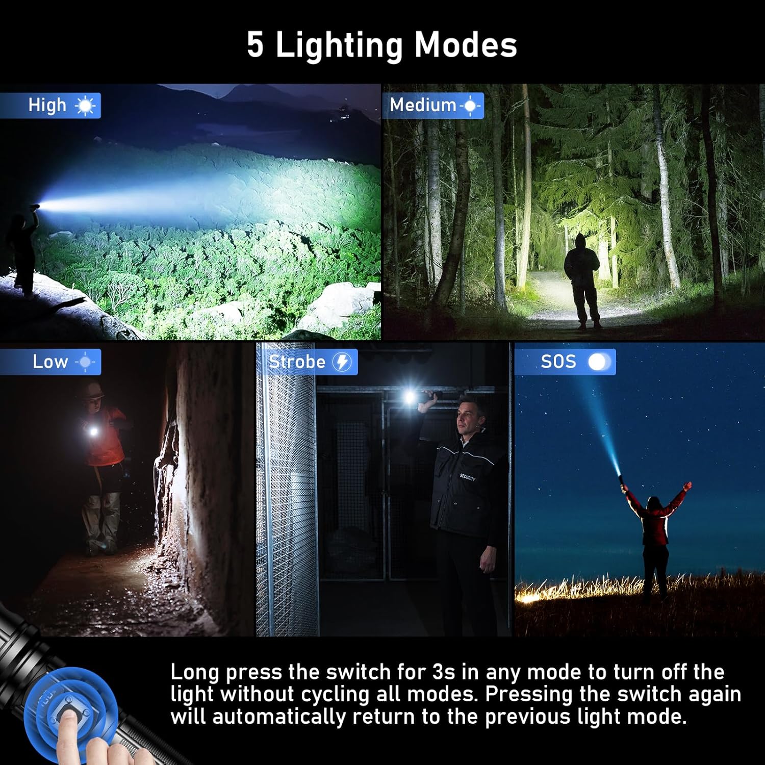 Blukar Taschenlampe LED wiederaufladbar, extrem helle Taschenlampe mit hoher Helligkeit | Zoombare Taschenlampen mit 5 Lichtmodi, IP67 wasserdichte Taschenlampe für Camping, Outdoor, Notfall – Bild 4