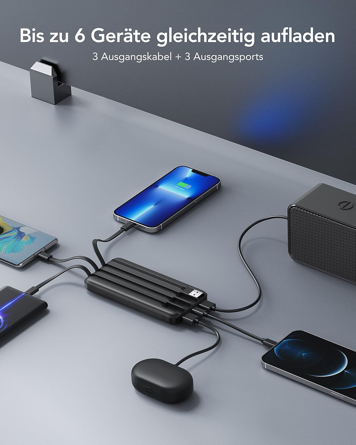 Charmast Powerbank 10000 mAh, externer Akku, USB-C-Powerbank mit 4 integrierten Ladekabeln, tragbares Ladegerät, LED-Display, kompakt, schlank, 6 Ausgänge, kompatibel mit iPhone, Huawei, Samsung Tablet – Bild 3