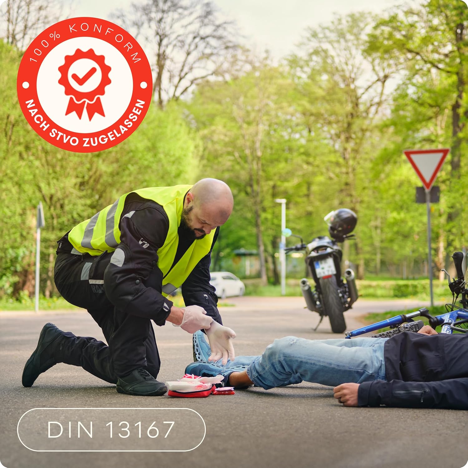 PURAHELP Motorrad-Erste-Hilfe-Set nach aktueller Norm 2026 DIN 13167 (StVO-konform) – inkl. Warnweste & Belüftungstuch – Motorrad-Verbandset 2026 Mini Small – Bild 2