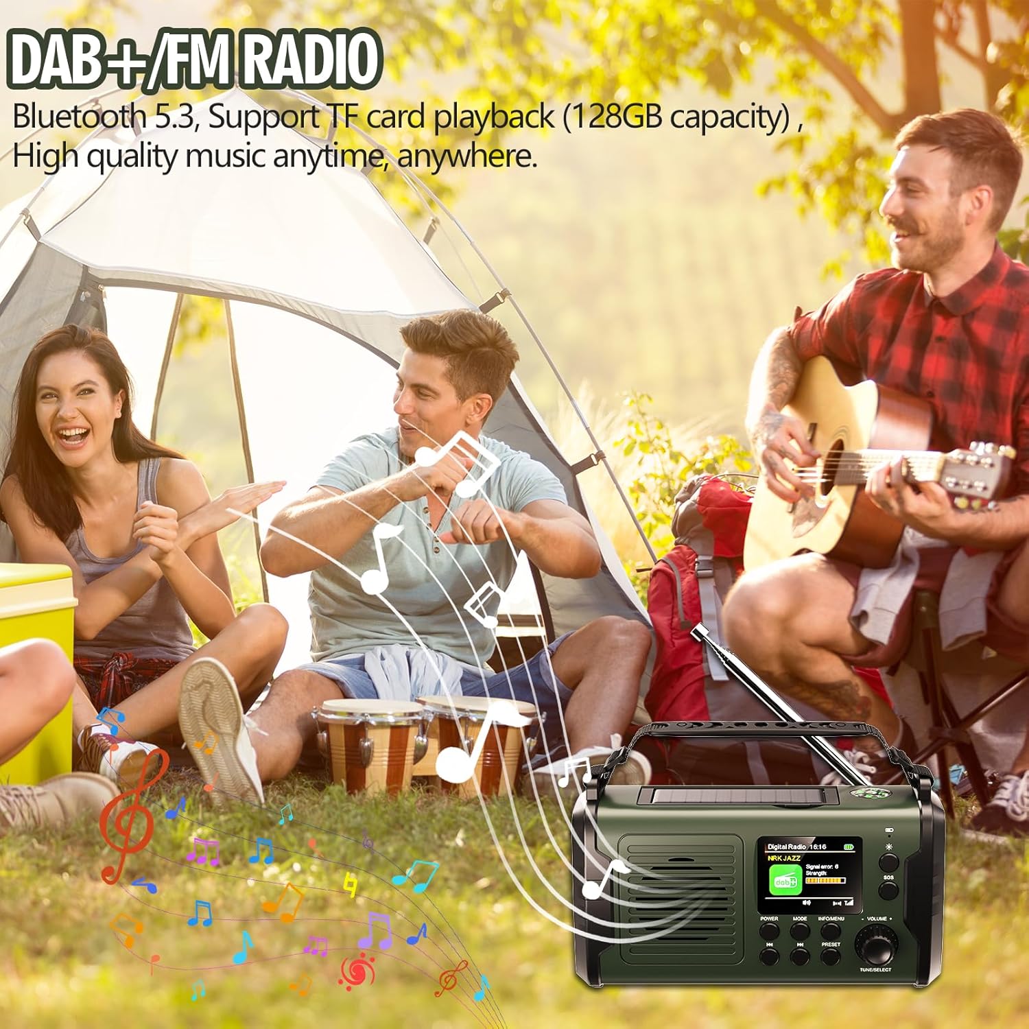 20000 mAh Kurbelradio mit Handy-Ladefunktion, Solar-DAB/DAB+/FM-Radio, 3 Lademethoden, 11 in 1 Bluetooth 5.3 tragbares Notfallradio mit Powerbank, SOS, Taschenlampe, Kompass, TF-Karte, Leselampe – Bild 6