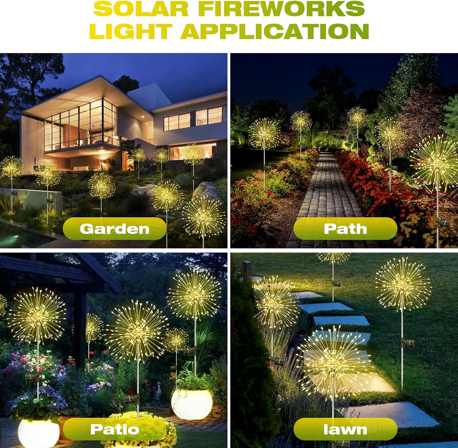 Liyade 2 Stück Solarstecker Gartenleuchten, 120 LED Solar Gartenleuchten für den Außenbereich, 8 Modi, Solarleuchten, Feuerwerk, Löwenzahn, Solarleuchten für Außen, Garten, Wege, Rasen, Balkon, Dekoration (Warmweiß) – Bild 5