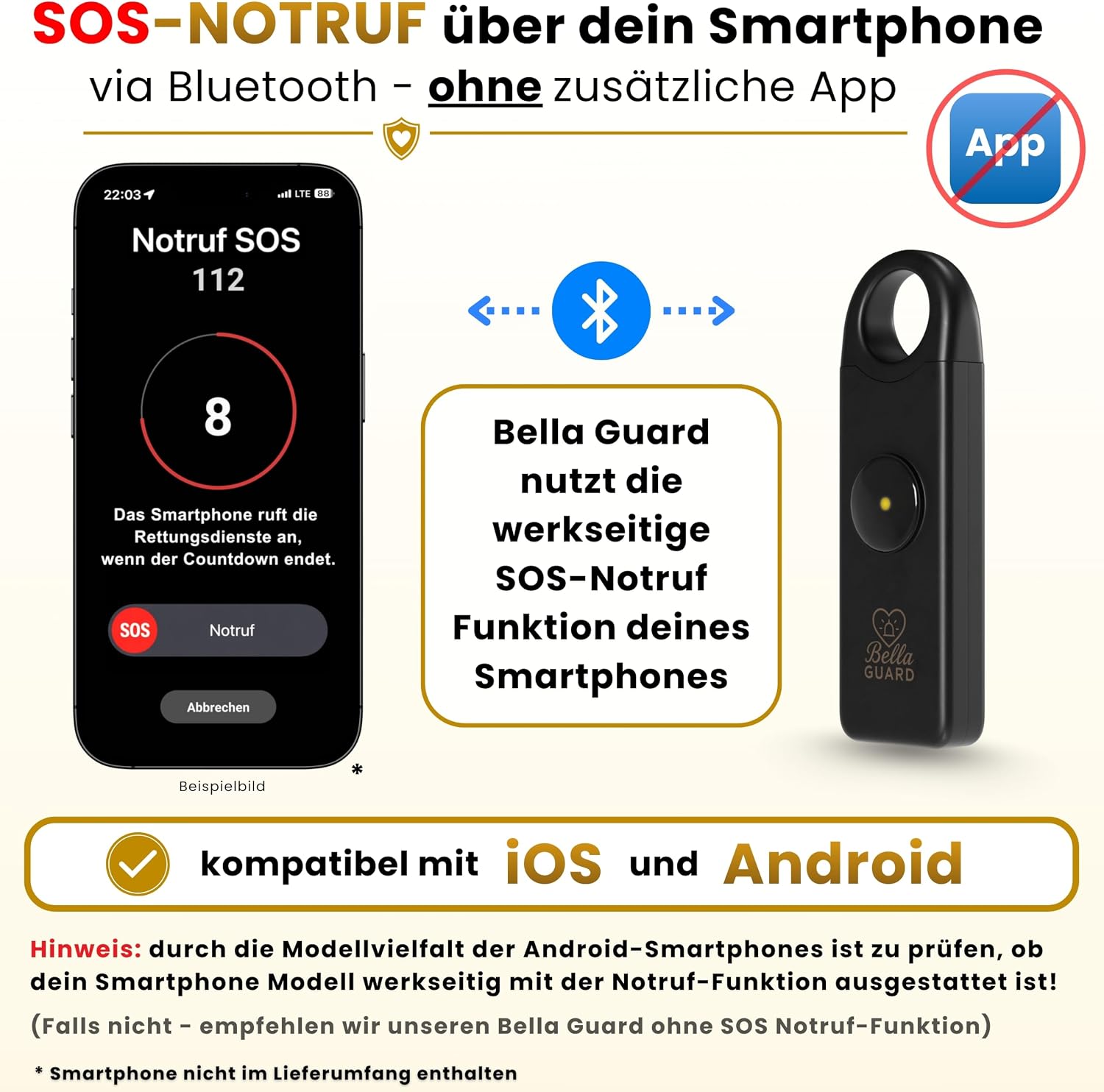Bella Guard Taschenalarm – SOS-Notruffunktion über Bluetooth, Sirene 130 dB lautes LED-Blitzlicht, wiederaufladbarer Akku, Alarm für Frauen unterwegs zum Selbstschutz (schwarz) – Bild 3