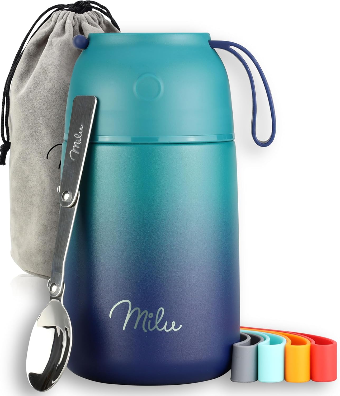 Milu Thermo-Lebensmittelbehälter 650 ml, Edelstahl, Thermo-Lunchbox, Suppenbehälter to Go, Thermobox zum Warmhalten von Suppen, Babybrei, Essensbehälter, Breiwärmer für unterwegs, Grün Blau 650 ml