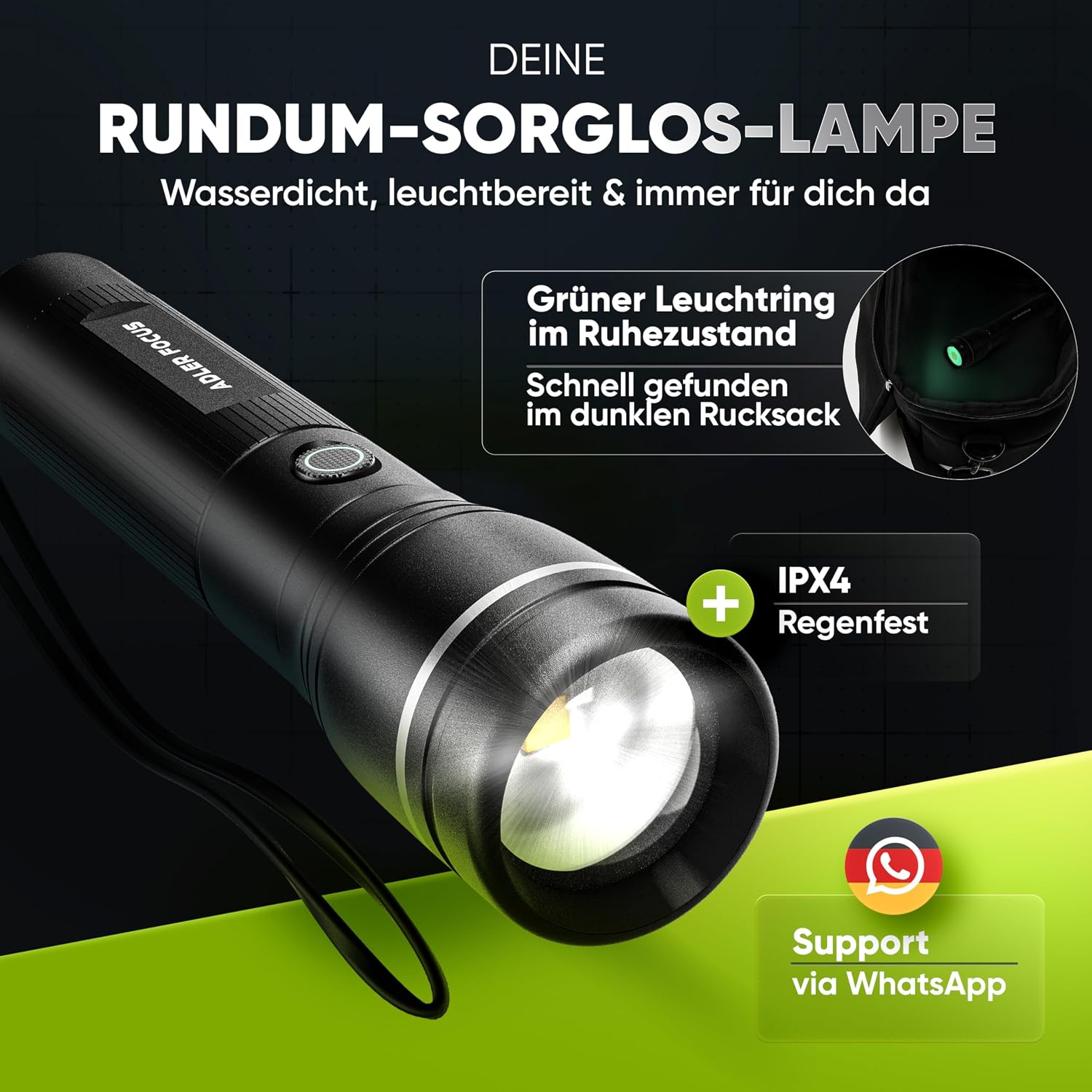 Taschenlampe | LED wiederaufladbar 1000 Lumen | Fokussierbare Strahlreichweite von 600 Metern | 22 Stunden Lichtzeit | Für Camping, Wandern (Energieklasse A) – Bild 5